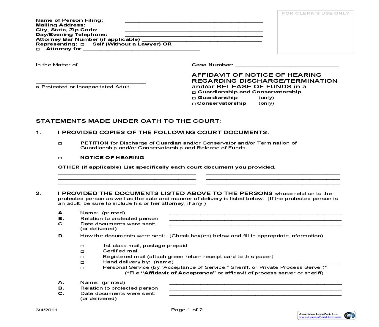 Affidavit Of Notice Of Hearing Regarding Discharge Termination And Or Release Of Funds In A | Pdf Fpdf Doc Docx | Arizona