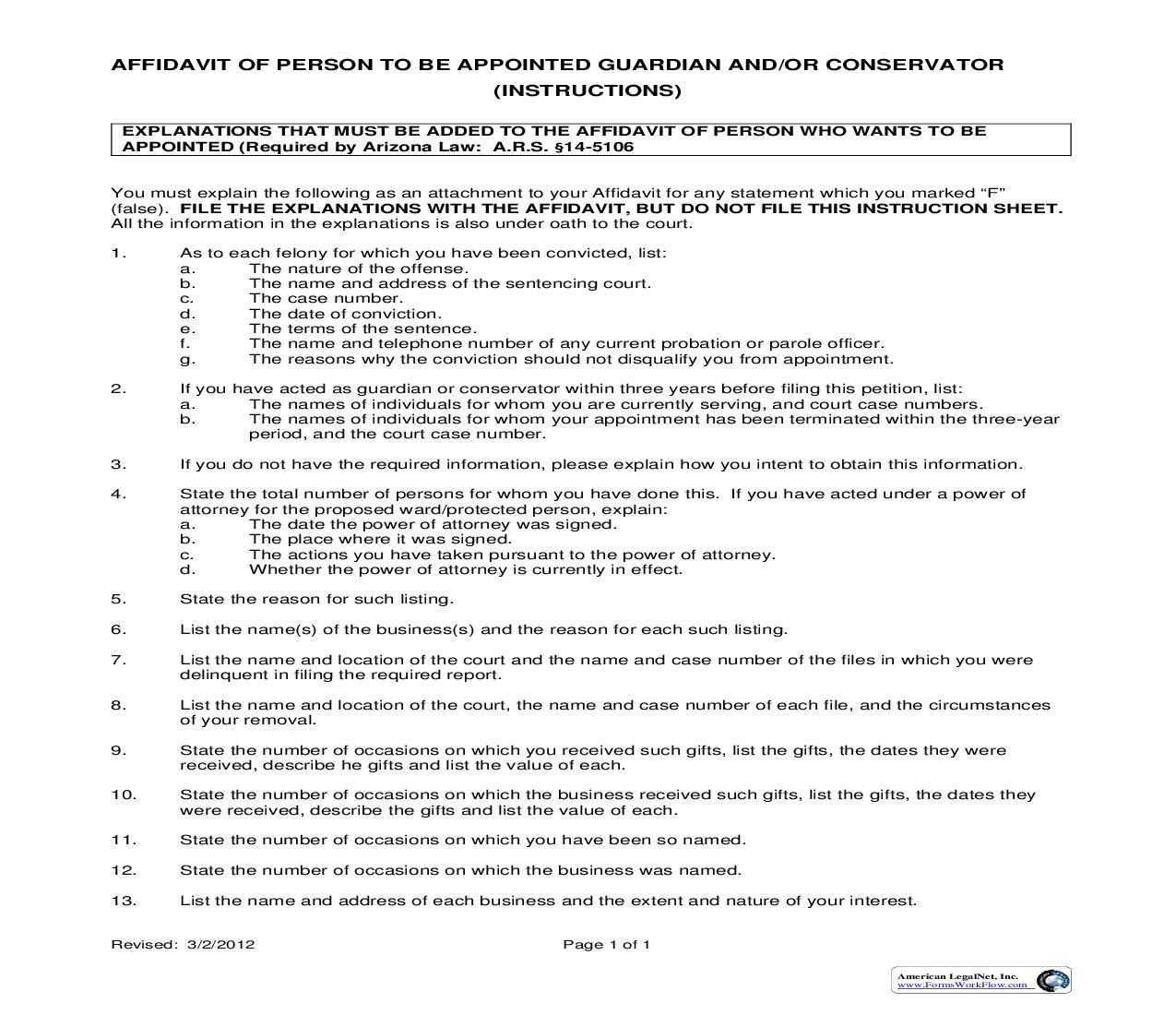 Affidavit Of Person To Be Appointed Guardian And-Or Conservator | Pdf Fpdf Doc Docx | Arizona