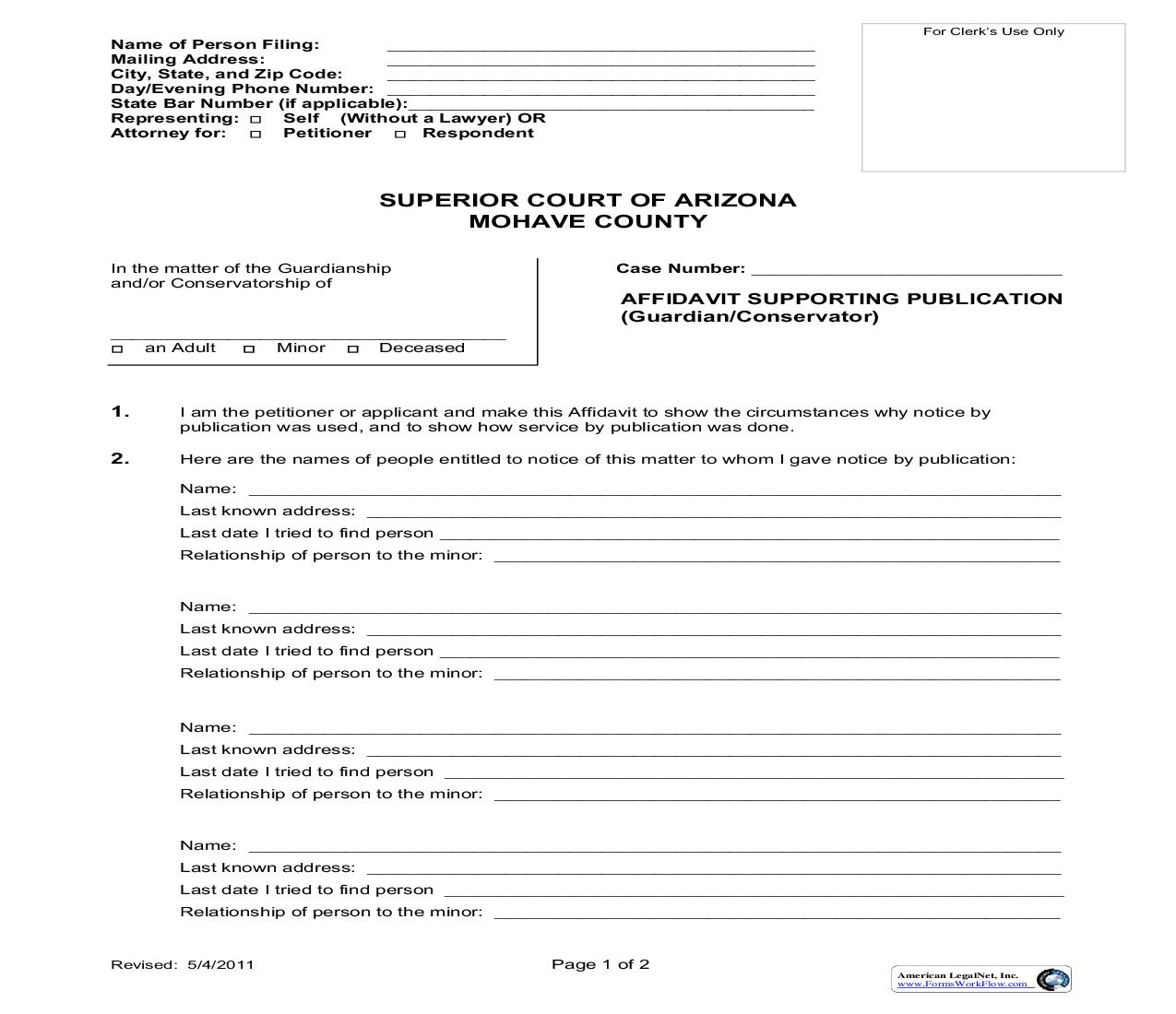 Affidavit Supporting Publication (Guardian Conservator) | Pdf Fpdf Doc Docx | Arizona