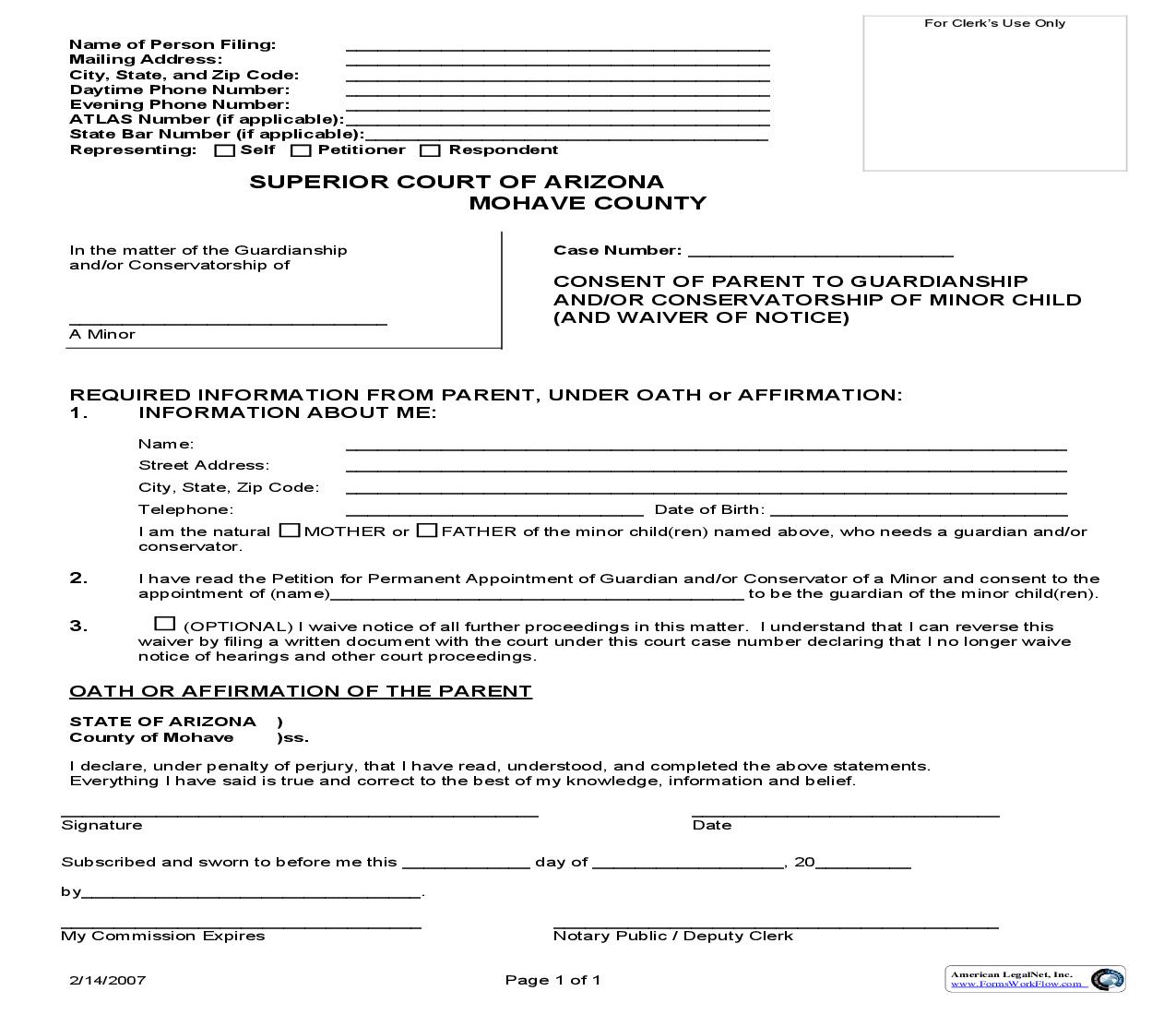 Consent Of Parent To Guardianship And Or Conservatorship Of Minot Child (And Waiver Of Notice) | Pdf Fpdf Doc Docx | Arizona