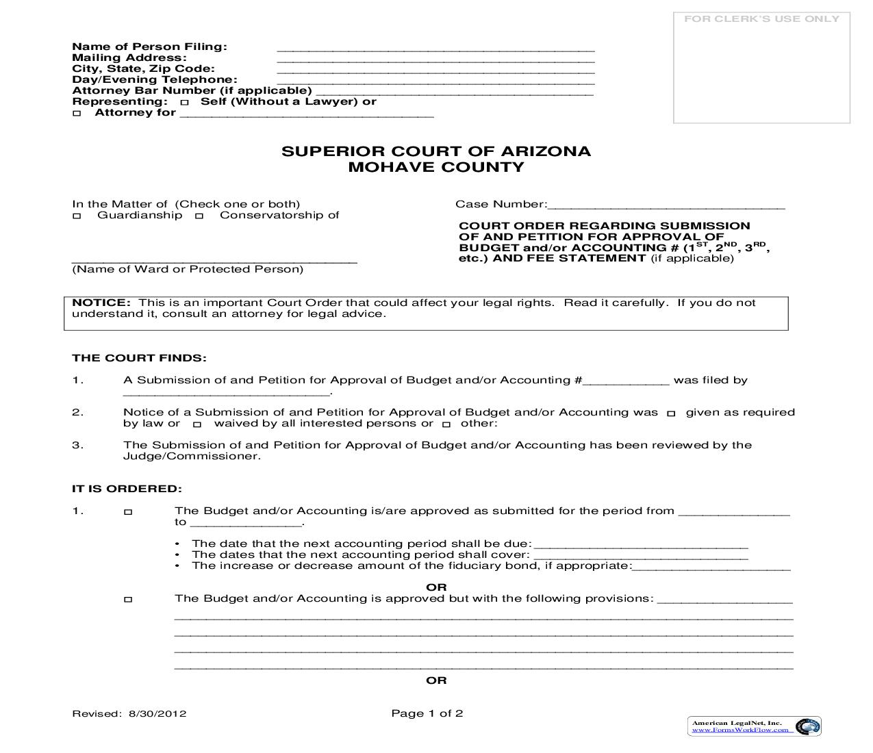 Court Order Regarding Submission Of And Petition For Approval Of Budget And Or Accounting | Pdf Fpdf Doc Docx | Arizona
