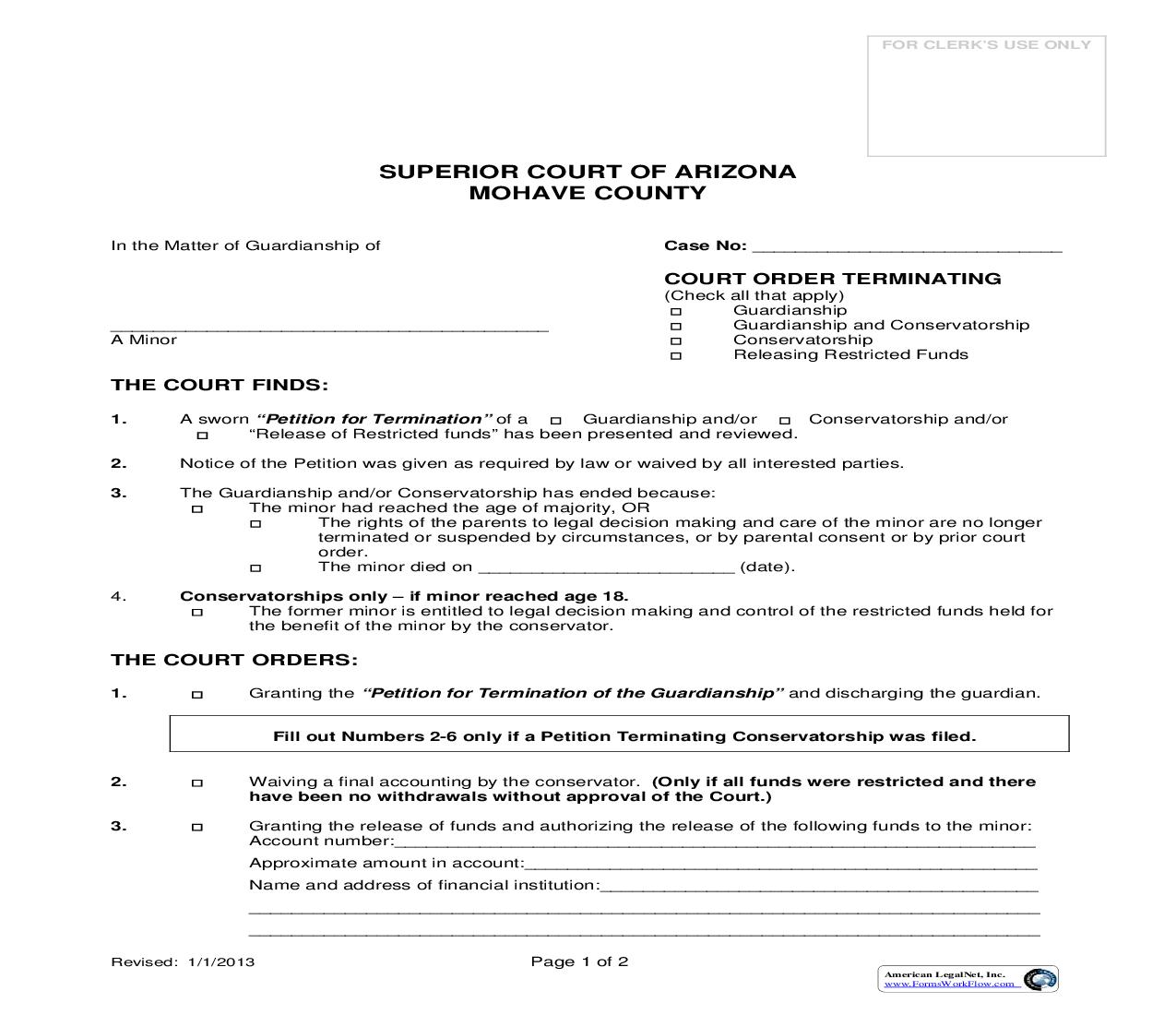 Court Order Terminating Guardianship Of Minor Conservatoship Of Minor Releasing Restricted Funds | Pdf Fpdf Doc Docx | Arizona