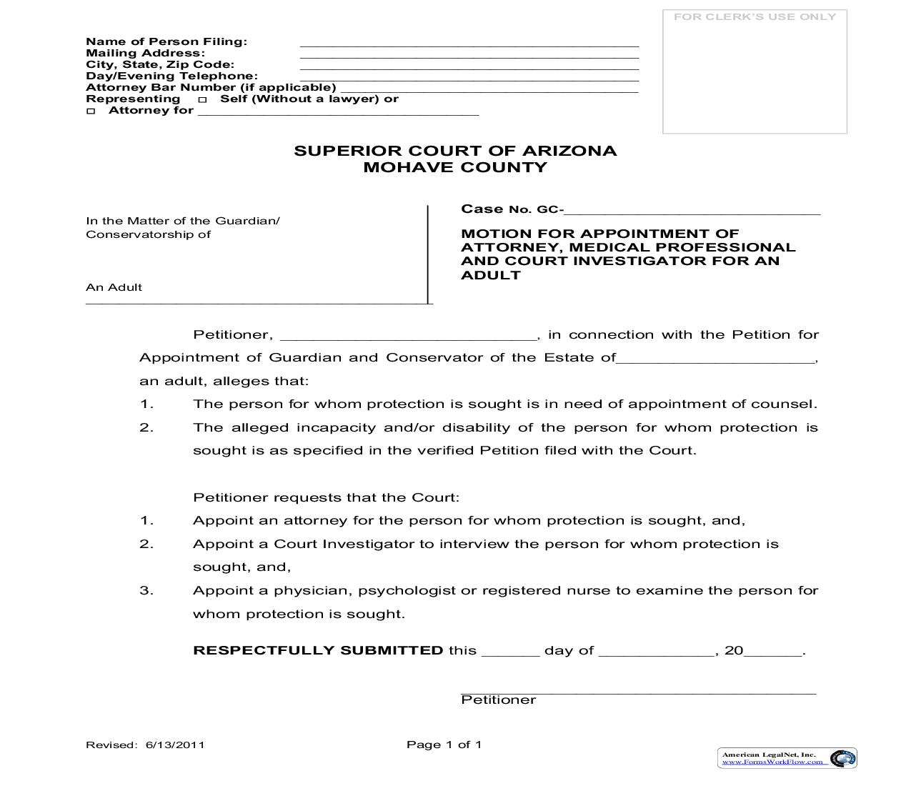 Motion For Appointment Of Attorney Medical Professional And Court Investigator For Adult | Pdf Fpdf Doc Docx | Arizona