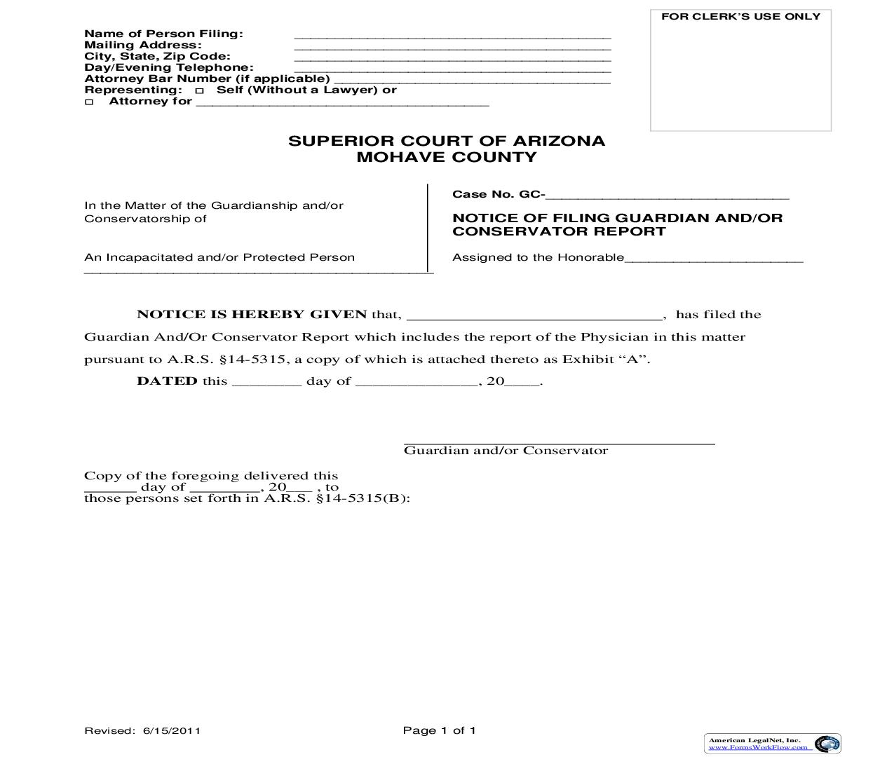 Notice Of Filing Guardian And Or Conservator Report | Pdf Fpdf Doc Docx | Arizona