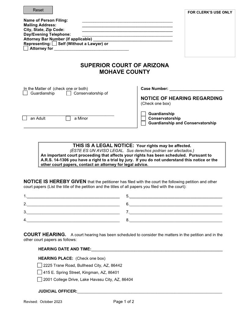 Notice Of Hearing Regarding Guardianship Conservatorship Accounting | Pdf Fpdf Doc Docx | Arizona