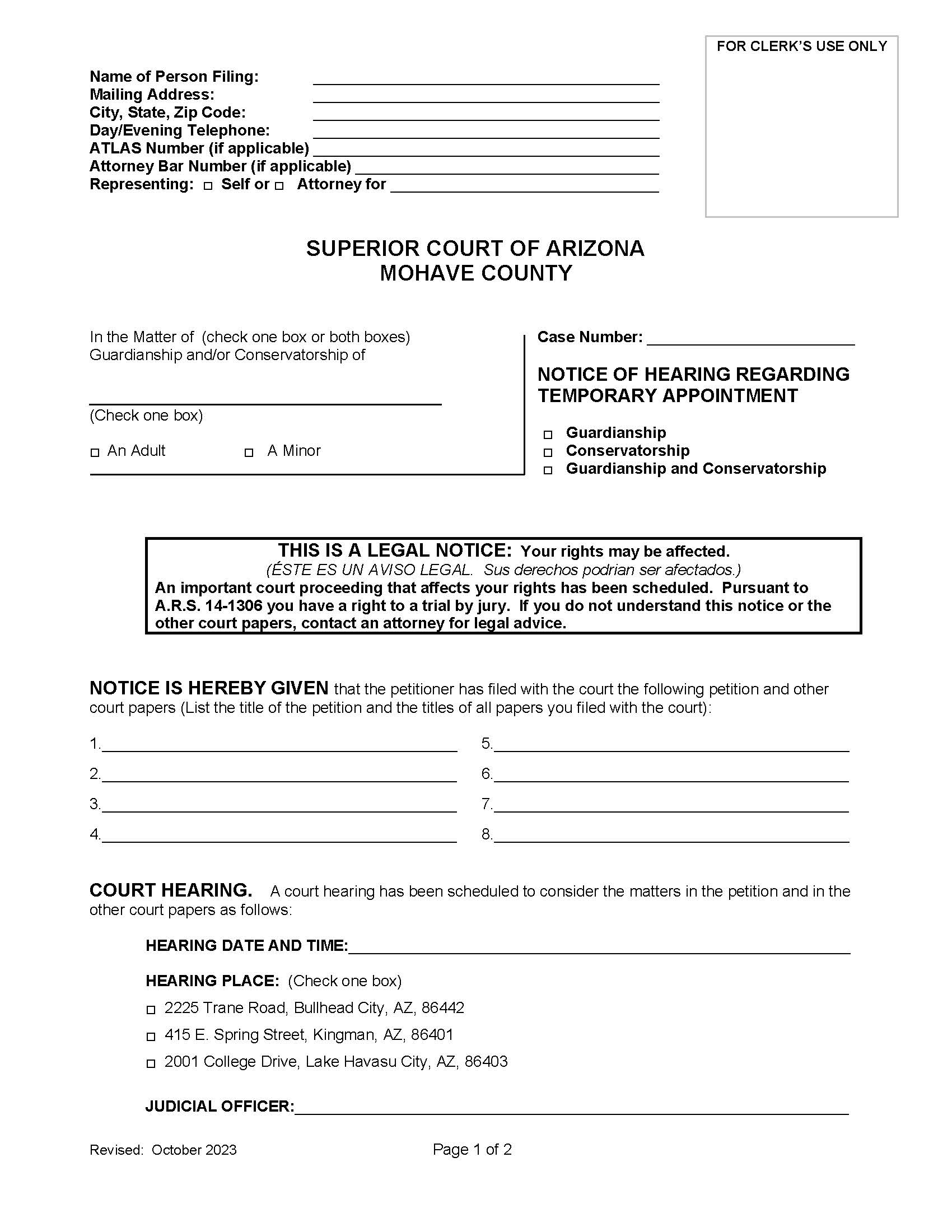 Notice Of Hearing Regarding Temporary Appointment | Pdf Fpdf Doc Docx | Arizona