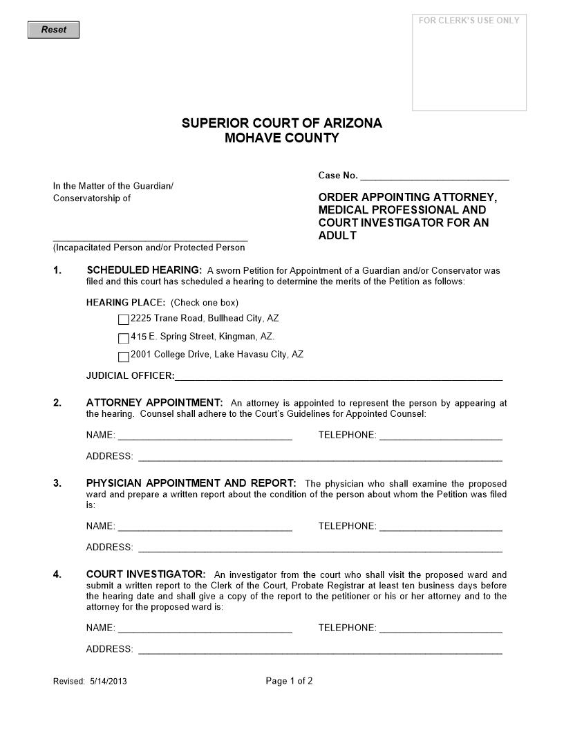 Order Appointing Attorney Medical Professional And Court Investigator For Adult | Pdf Fpdf Doc Docx | Arizona