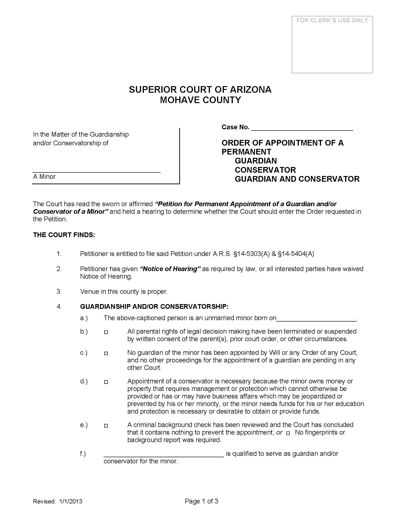 Order Of Appointment Of A Permanent Guardian And Or Conservator Of A Minor | Pdf Fpdf Doc Docx | Arizona