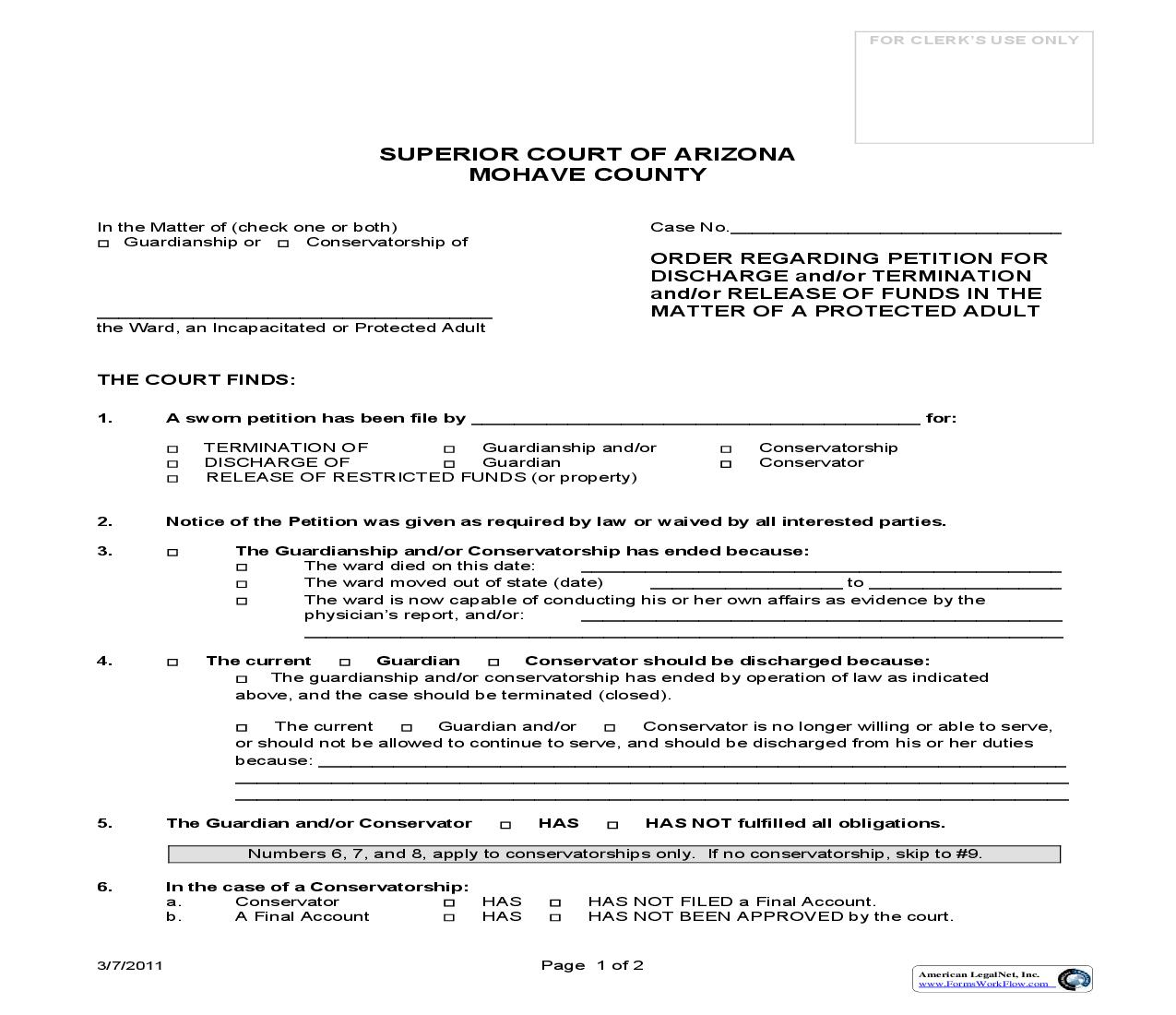 Order Regarding Petition For Discharge And Or Termination And Or Release Of Funds In The Matter Of A Protected Adult | Pdf Fpdf Doc Docx | Arizona