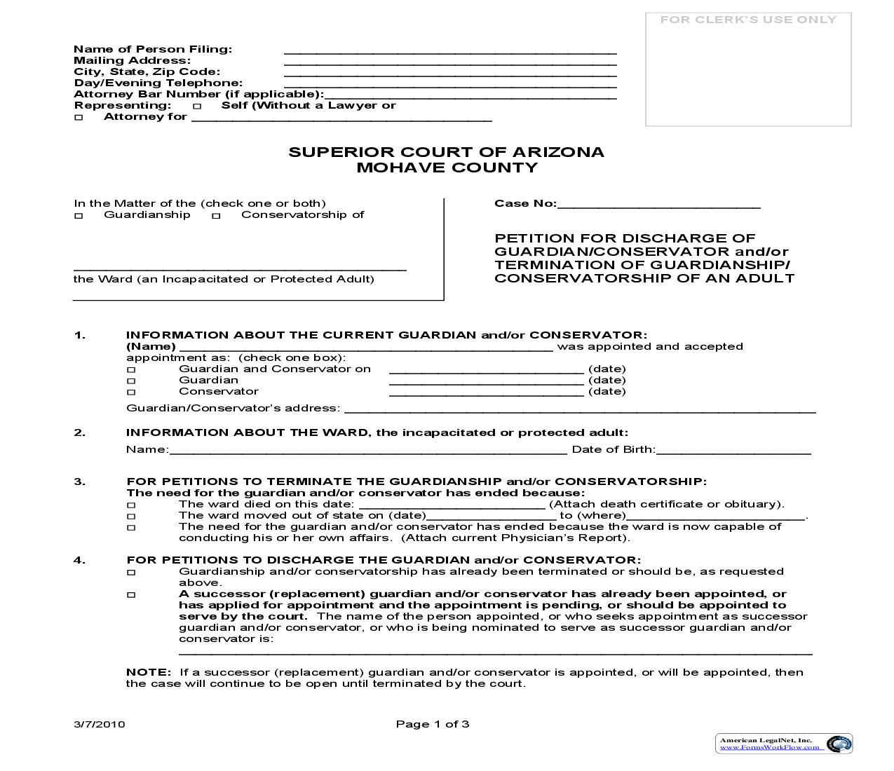Petition For Discharge Of Guardian Conservator And Or Termination Of Guardianship Conservatorship Of An Adult | Pdf Fpdf Doc Docx | Arizona