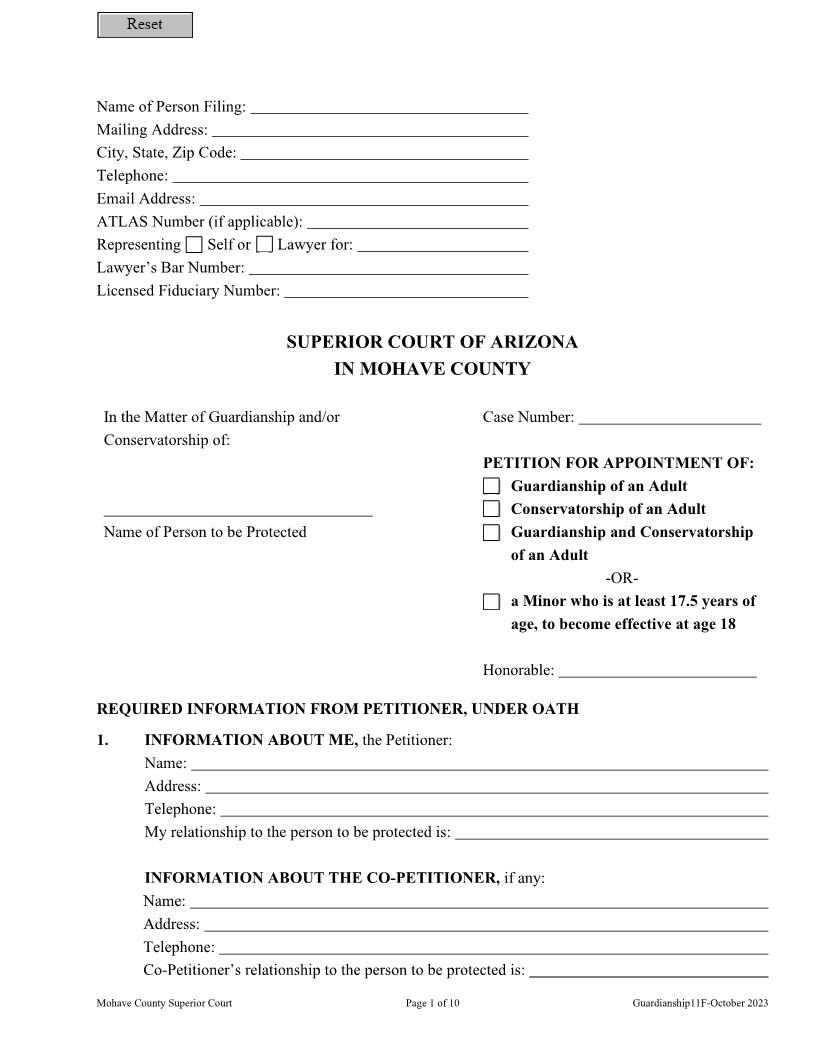 Petition For Permanent Appointment Of Guardian And Or Conservator (Adult) | Pdf Fpdf Doc Docx | Arizona