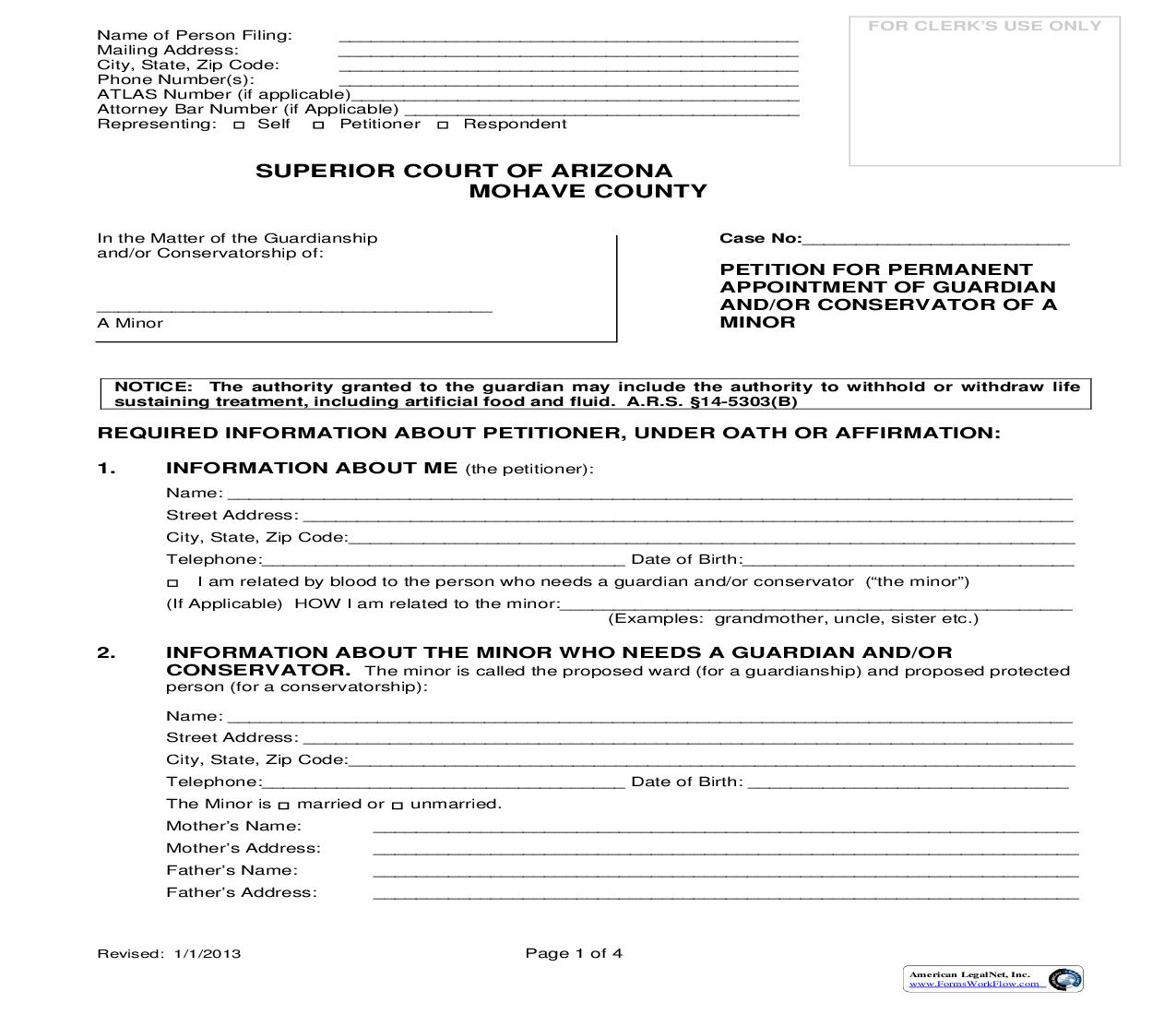 Petition For Permanent Appointment Of Guardian And Or Conservator (Minor) | Pdf Fpdf Doc Docx | Arizona