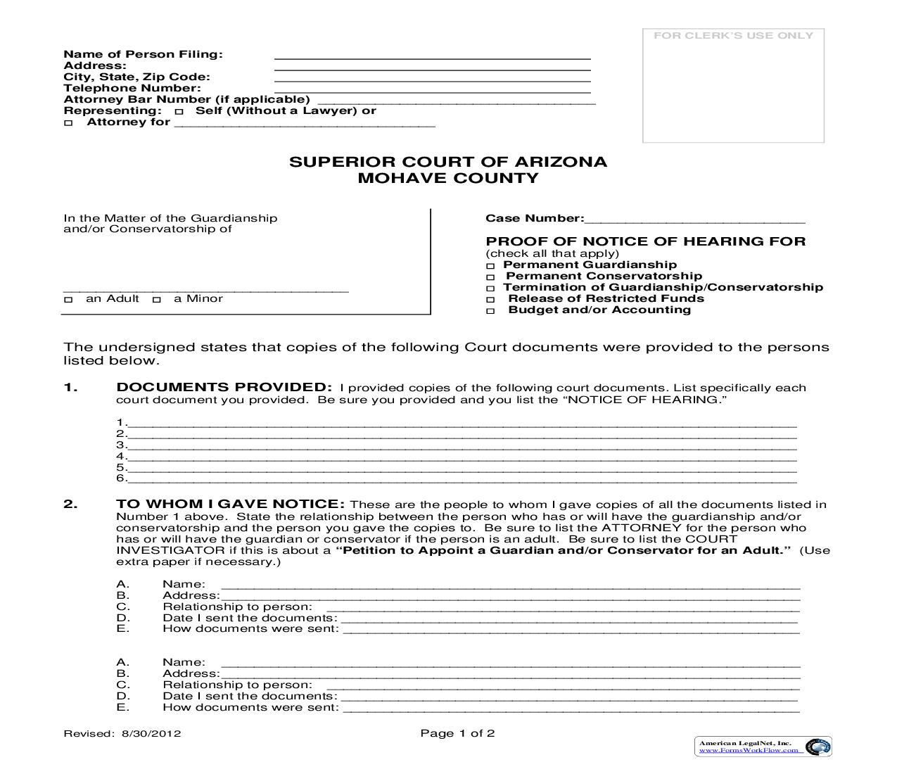 Proof Of Notice Of Hearing For | Pdf Fpdf Doc Docx | Arizona