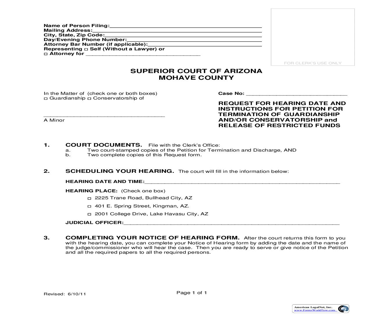 Request For Hearing Date And Instructions For Petition For Termination Of Guardianship And Or Conservatorship | Pdf Fpdf Doc Docx | Arizona
