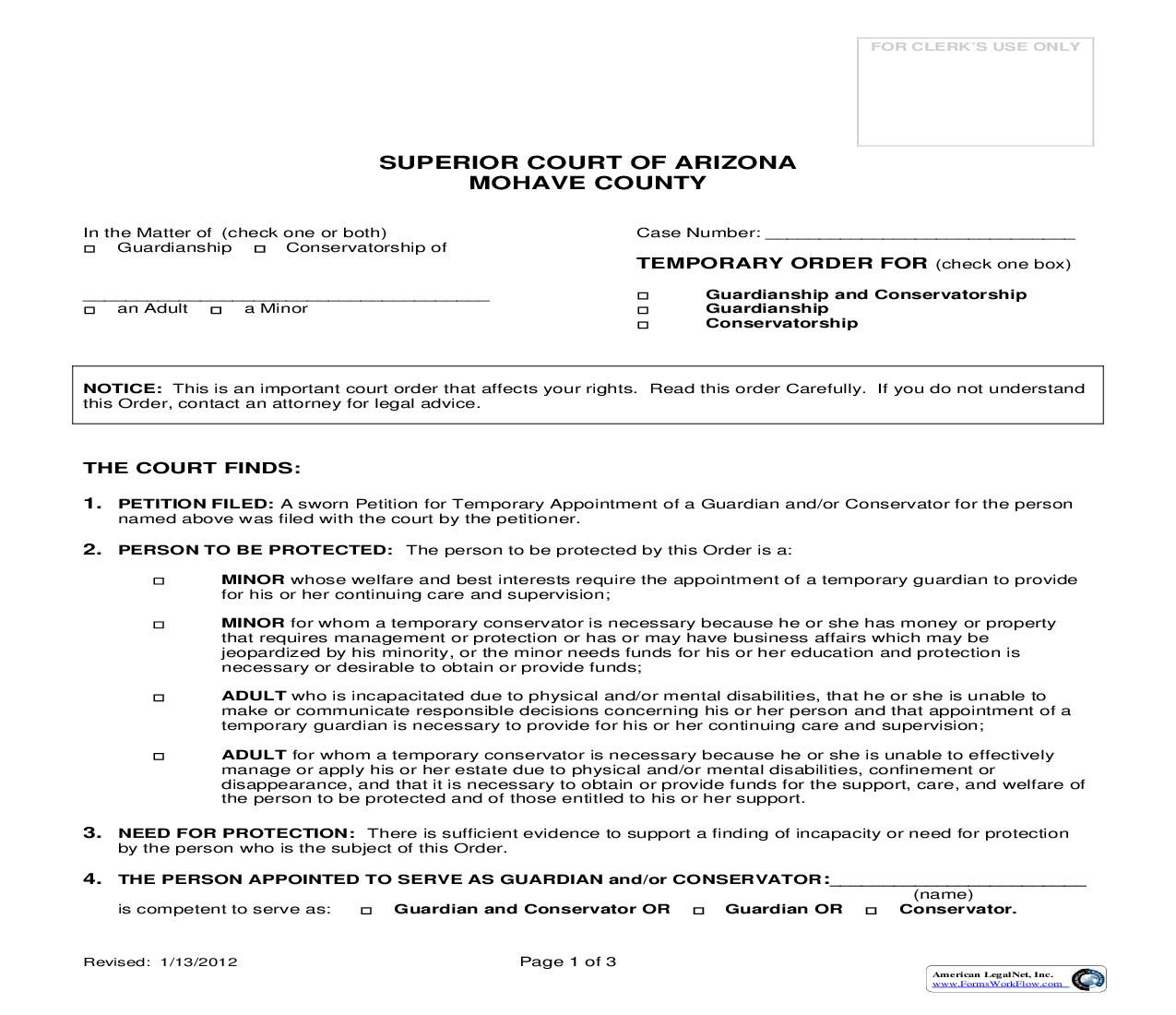 Temporary Order For Guardianship And Or Conservatorship | Pdf Fpdf Doc Docx | Arizona