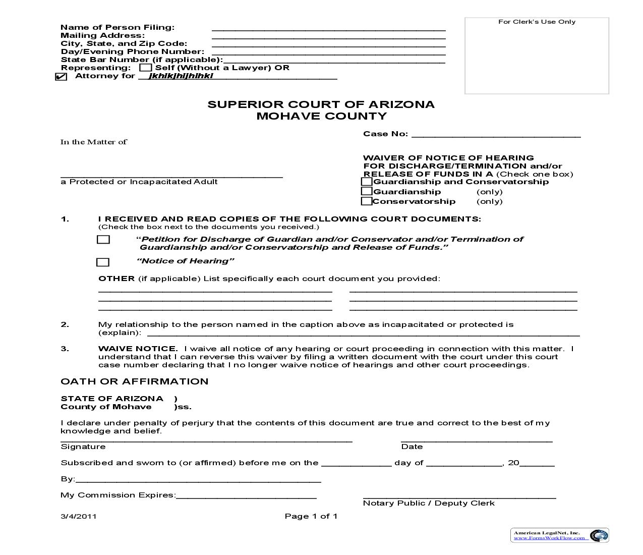 Waiver Of Notice Of Hearing For Discharge Termination And Or Release Of Funds In A | Pdf Fpdf Doc Docx | Arizona