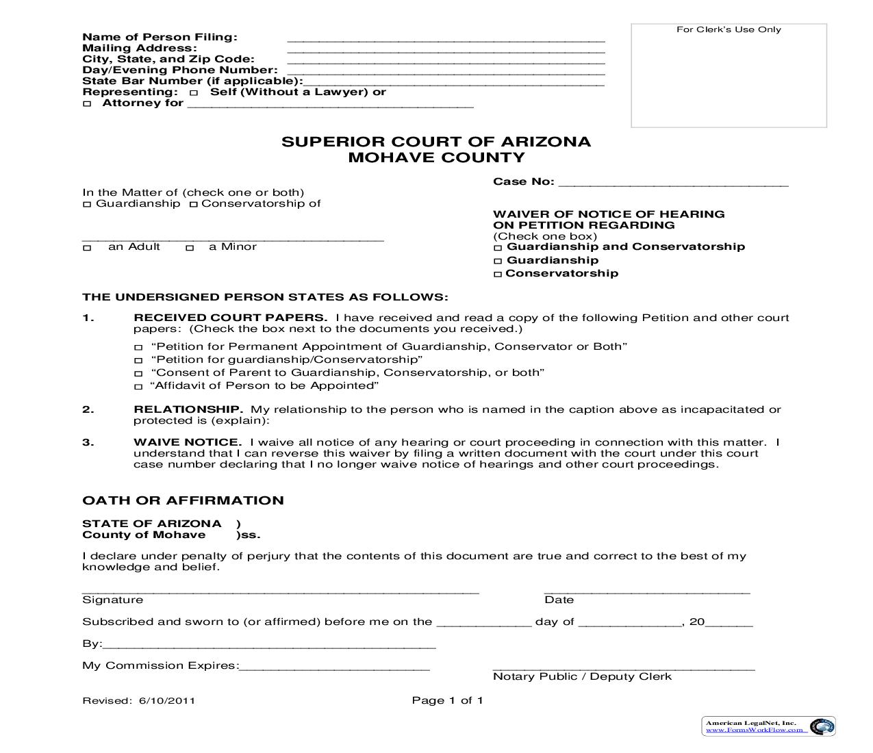 Waiver Of Notice Of Hearing On Petition Regarding Guardianship And Conservatorship Guardianship Conservatorship | Pdf Fpdf Doc Docx | Arizona