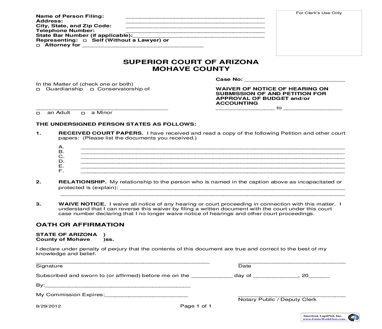 Waiver Of Notice Of Hearing On Submission Of And Petition For Approval Of Budget And Or Accounting | Pdf Fpdf Doc Docx | Arizona