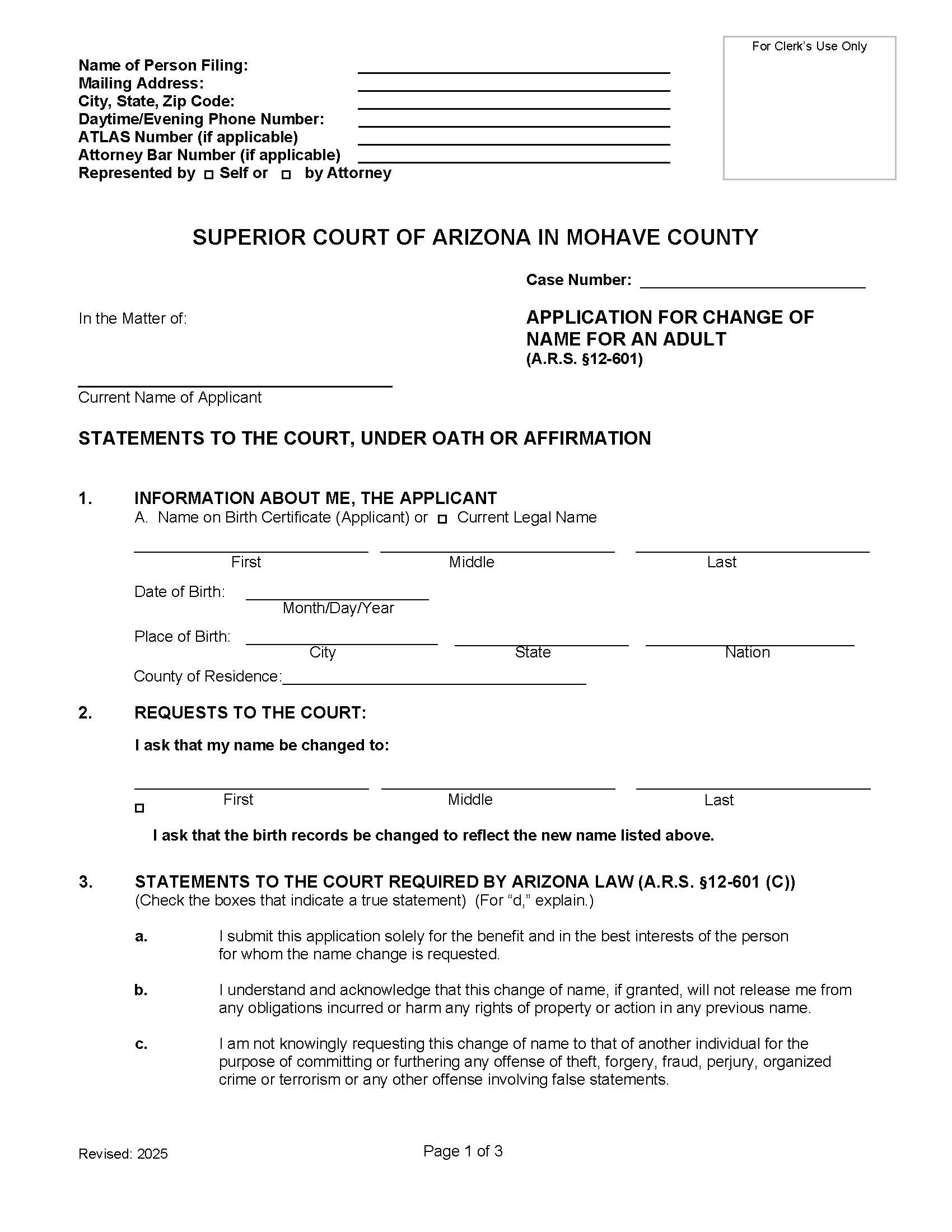 Application For Change Of Name For Adult | Pdf Fpdf Doc Docx | Arizona