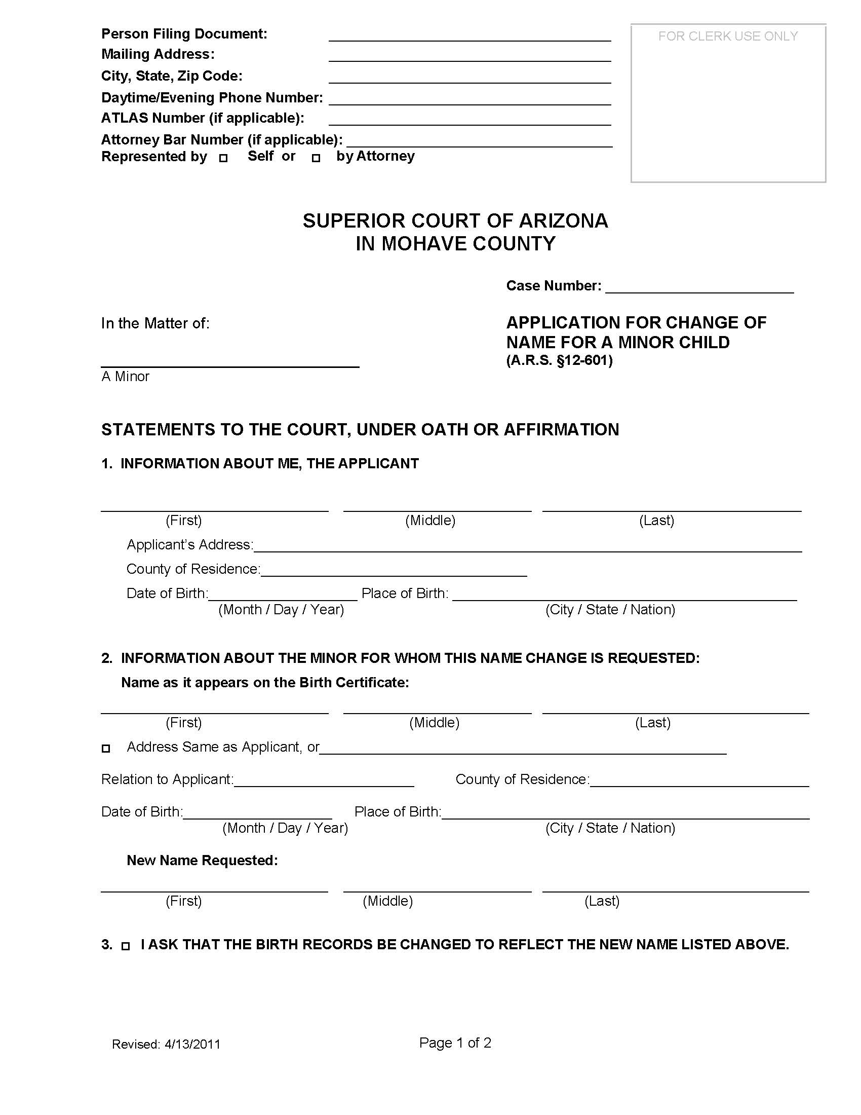 Application For Change Of Name For Minor Child | Pdf Fpdf Doc Docx | Arizona