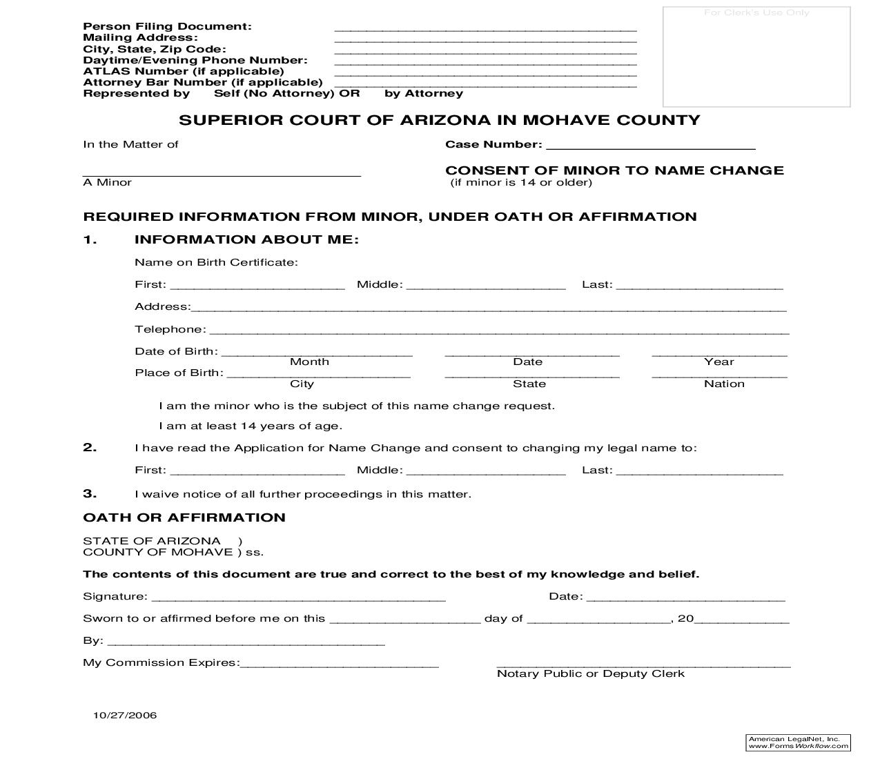 Consent Of Minor To Name Change (14 or older) | Pdf Fpdf Doc Docx | Arizona