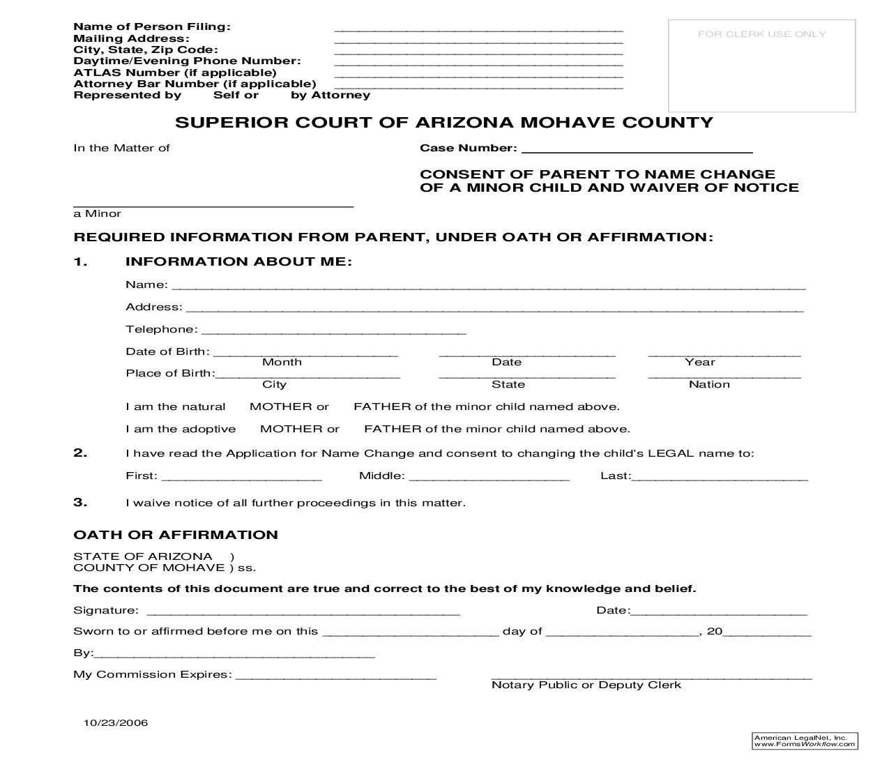 Consent Of Parent To Name Change Of Minor Child And Waiver Of Notice | Pdf Fpdf Doc Docx | Arizona
