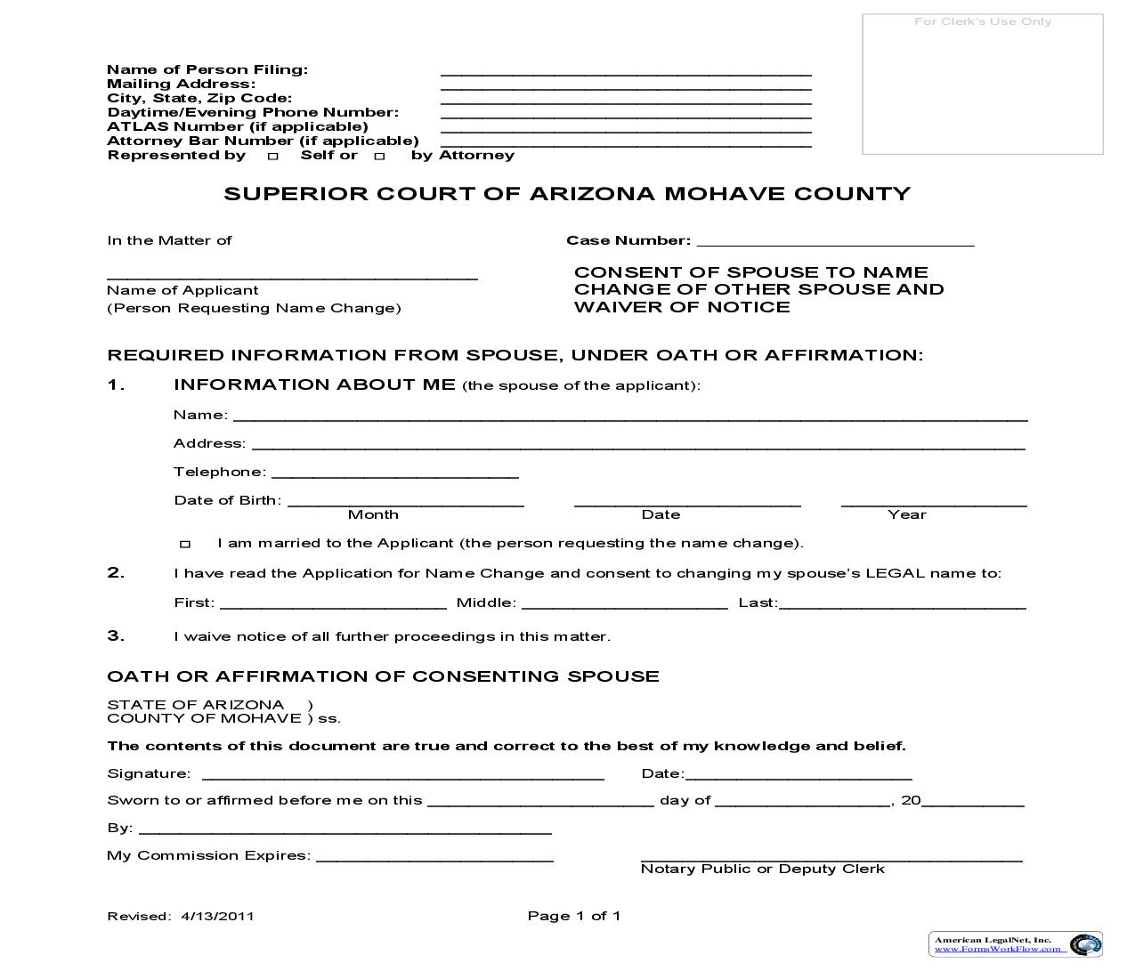 Consent Of Spouse To Name Change And Waiver Of Notice | Pdf Fpdf Doc Docx | Arizona