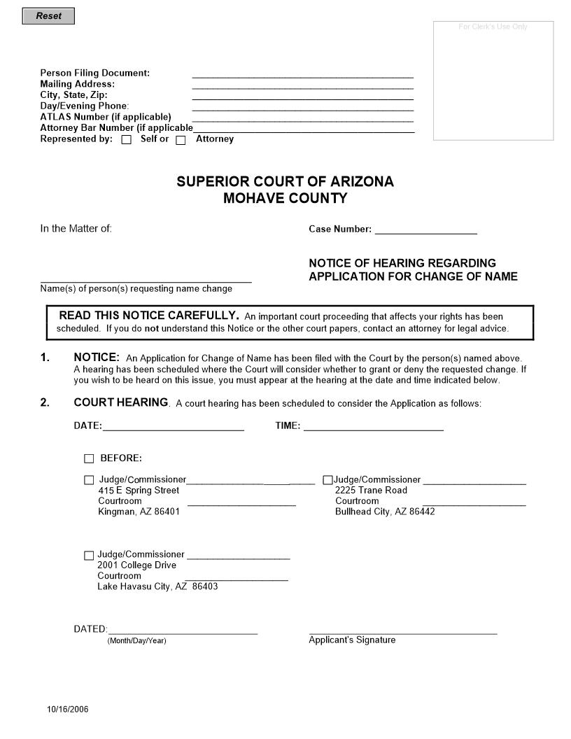 Notice Of Hearing Regarding Application For Change Of Name | Pdf Fpdf Doc Docx | Arizona