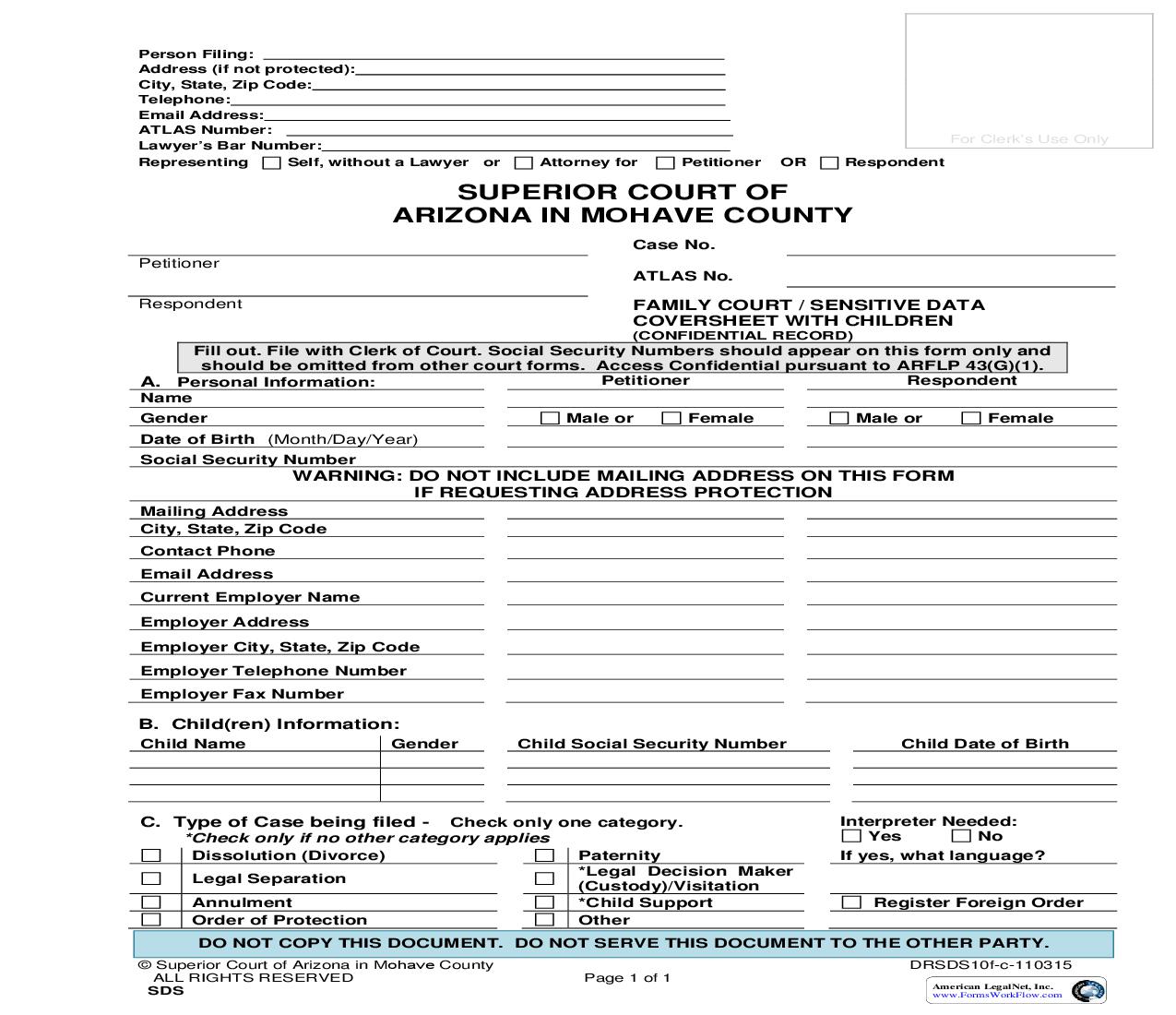 Family Court Sensitive Data Coversheet With Children (Confidential Record) | Pdf Fpdf Doc Docx | Arizona