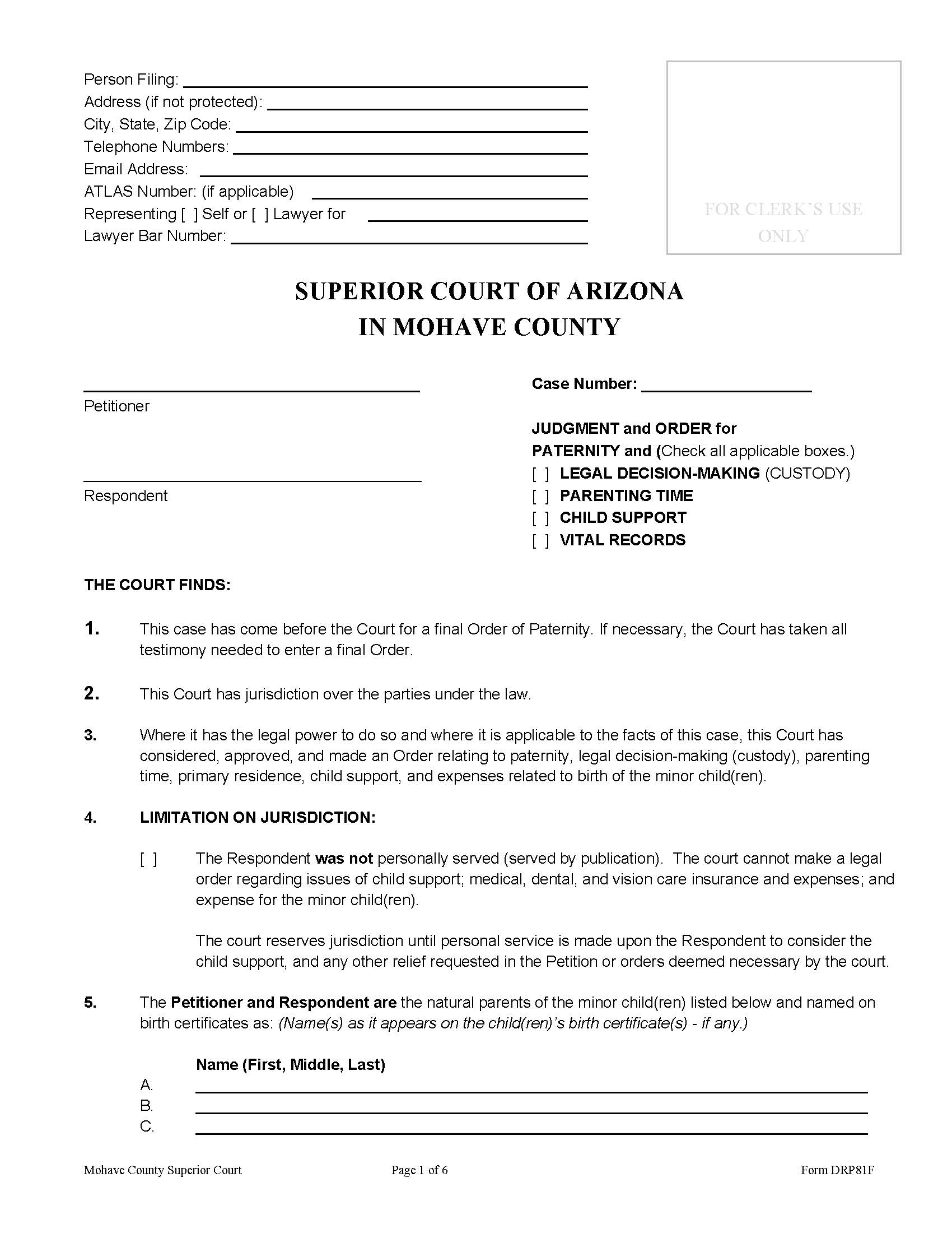 Judgment And Order For Paternity | Pdf Fpdf Doc Docx | Arizona