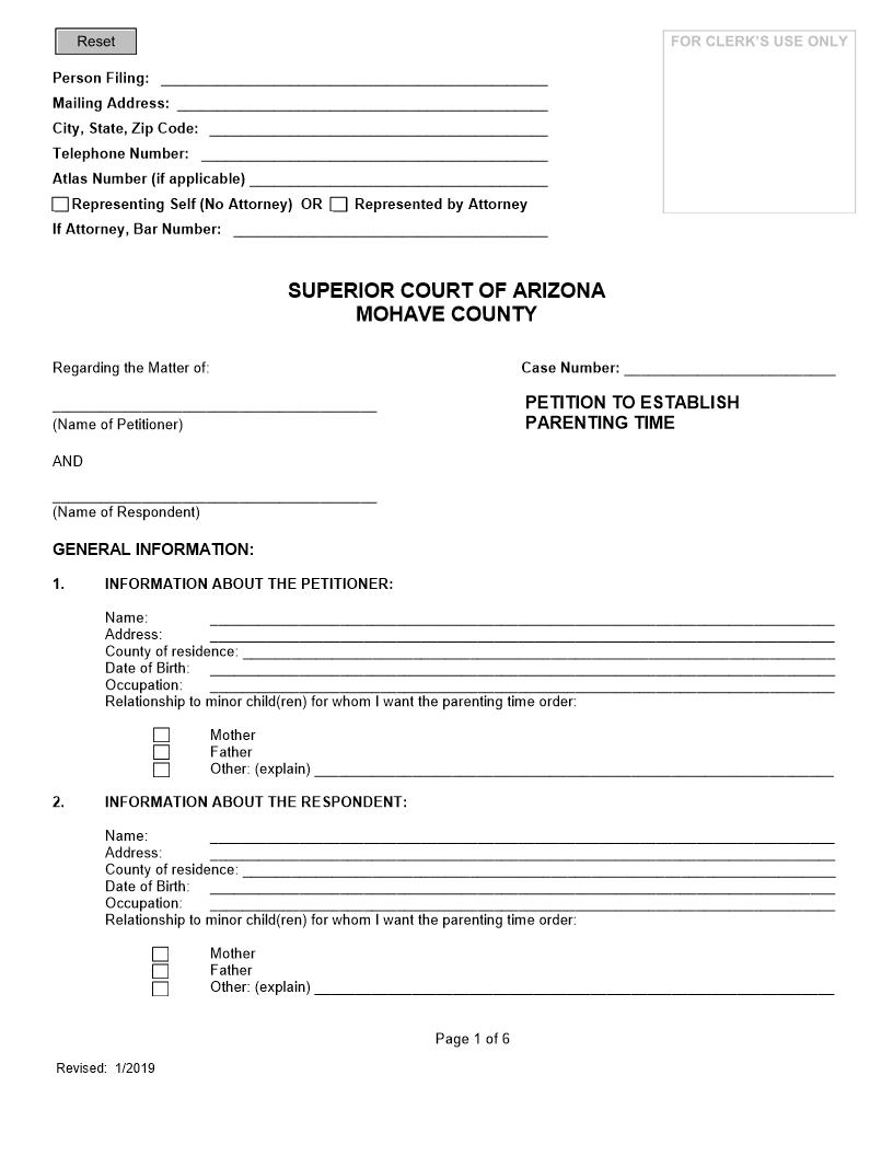 Petition To Establish Parenting Time | Pdf Fpdf Doc Docx | Arizona