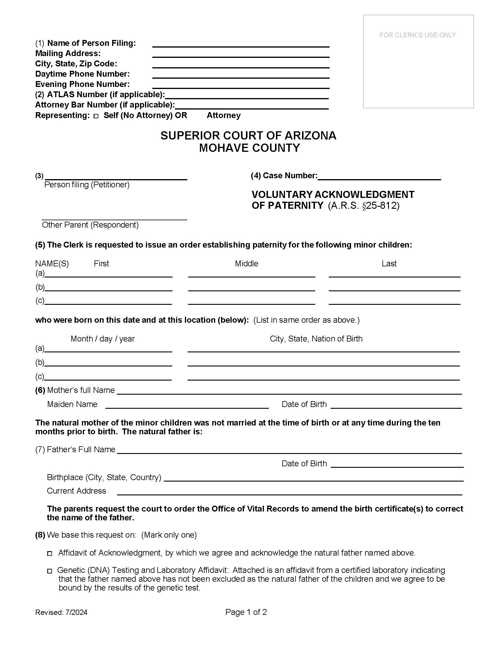 Voluntary Acknowledgement Of Paternity | Pdf Fpdf Doc Docx | Arizona