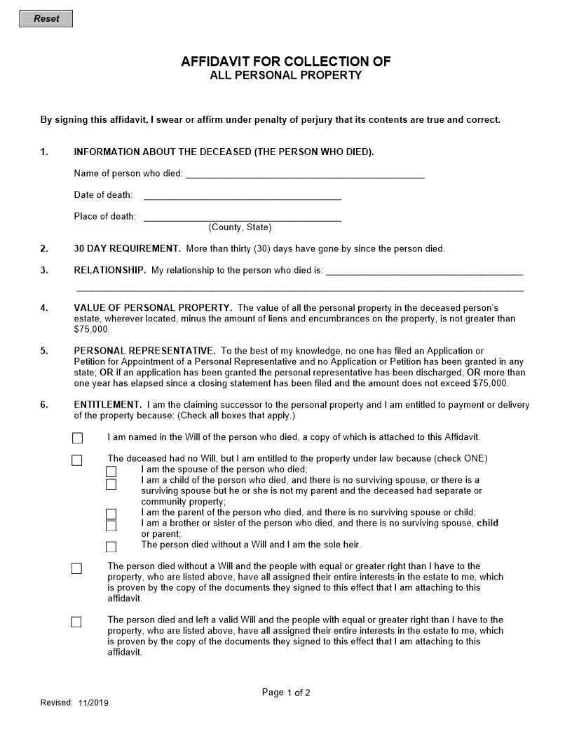 Affidavit For Collection Of All Personal Property | Pdf Fpdf Doc Docx | Arizona