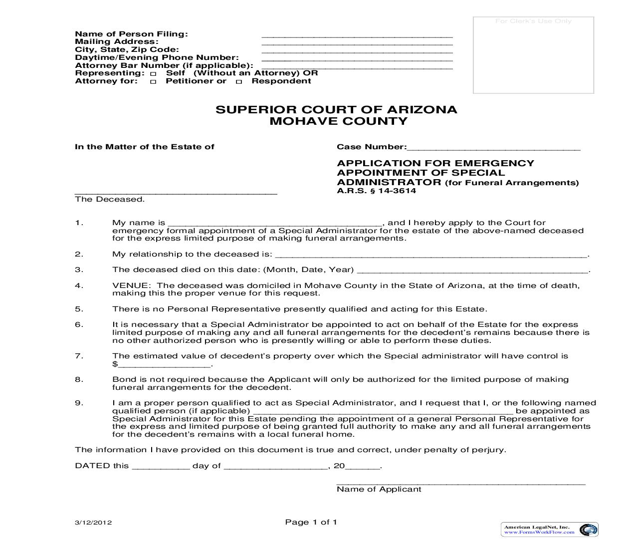 Application For Emergency Appointment Of Special Administrator (For Funeral Arrangements) | Pdf Fpdf Doc Docx | Arizona