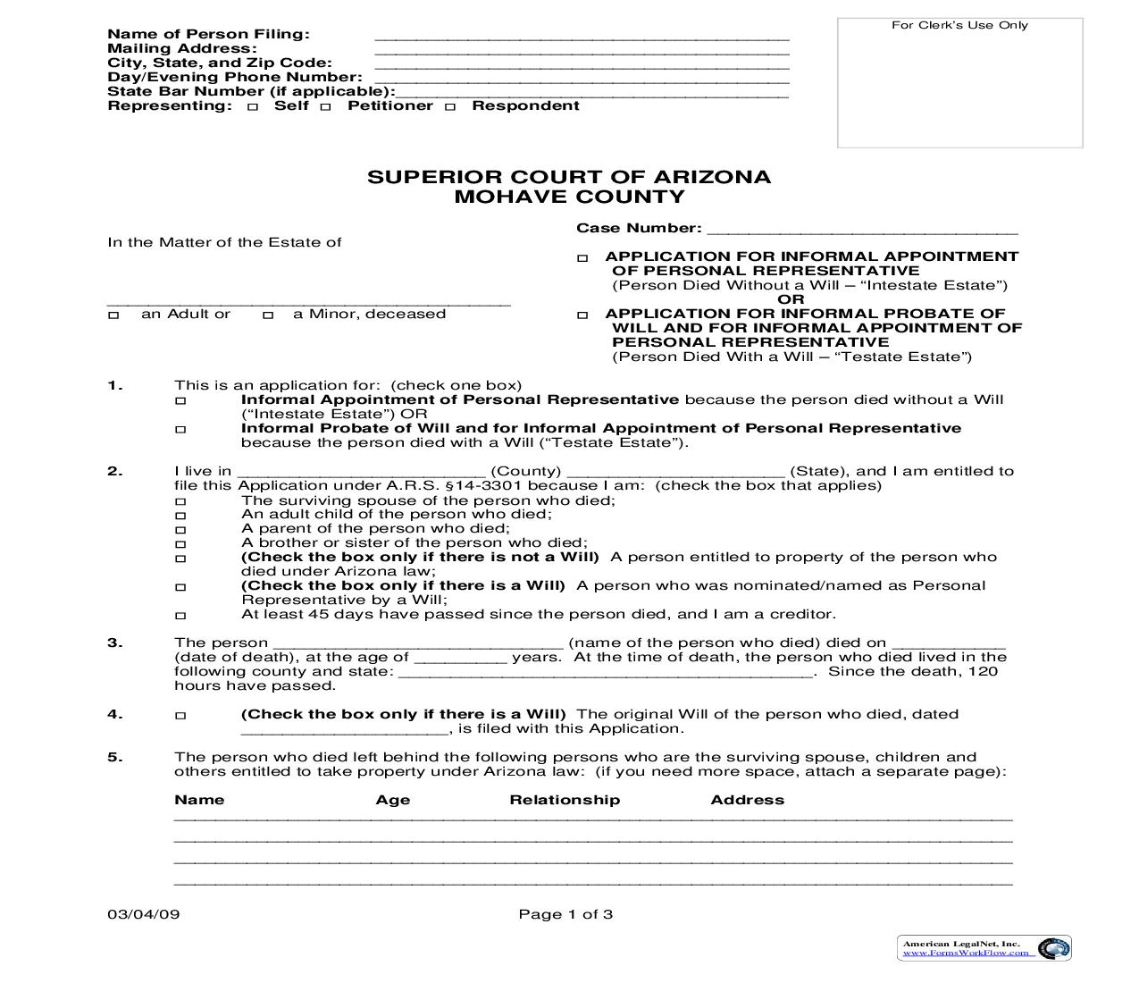 Application For Informal Appointment Of Personal Representative Or Informal Probate Of Will | Pdf Fpdf Doc Docx | Arizona