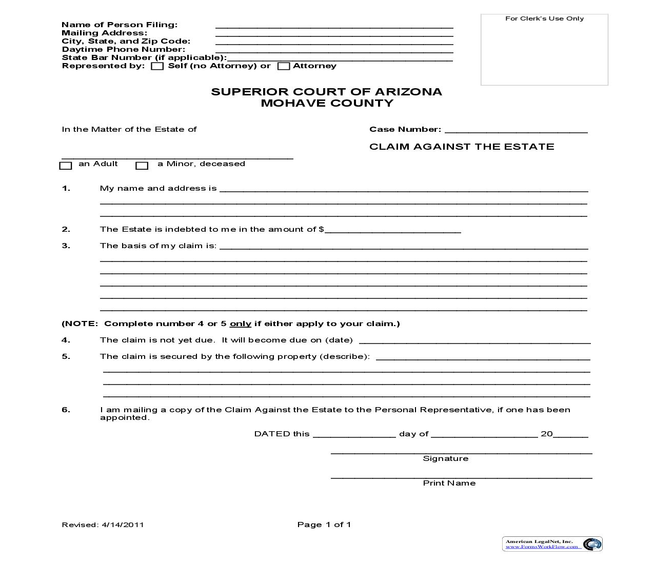 Claim Against The Estate | Pdf Fpdf Doc Docx | Arizona