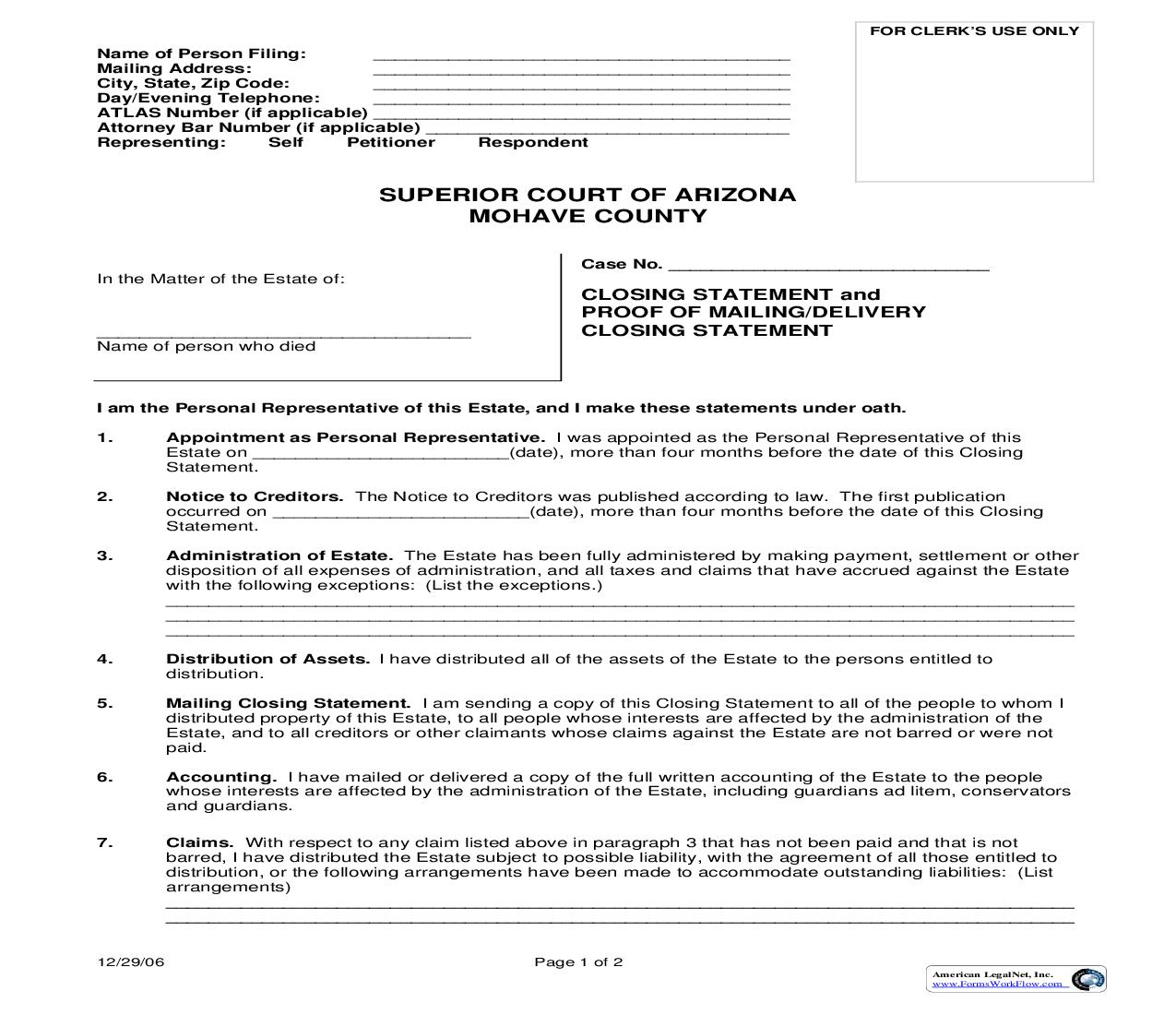 Closing Statement And Proof Of Mailing - Delivery Closing Statement | Pdf Fpdf Doc Docx | Arizona