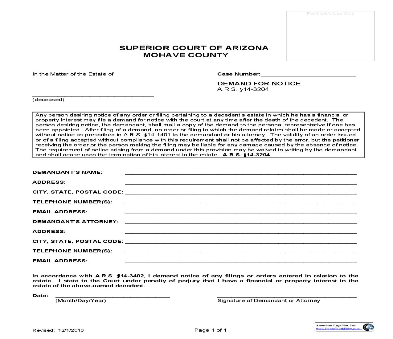 Demand For Notice | Pdf Fpdf Doc Docx | Arizona