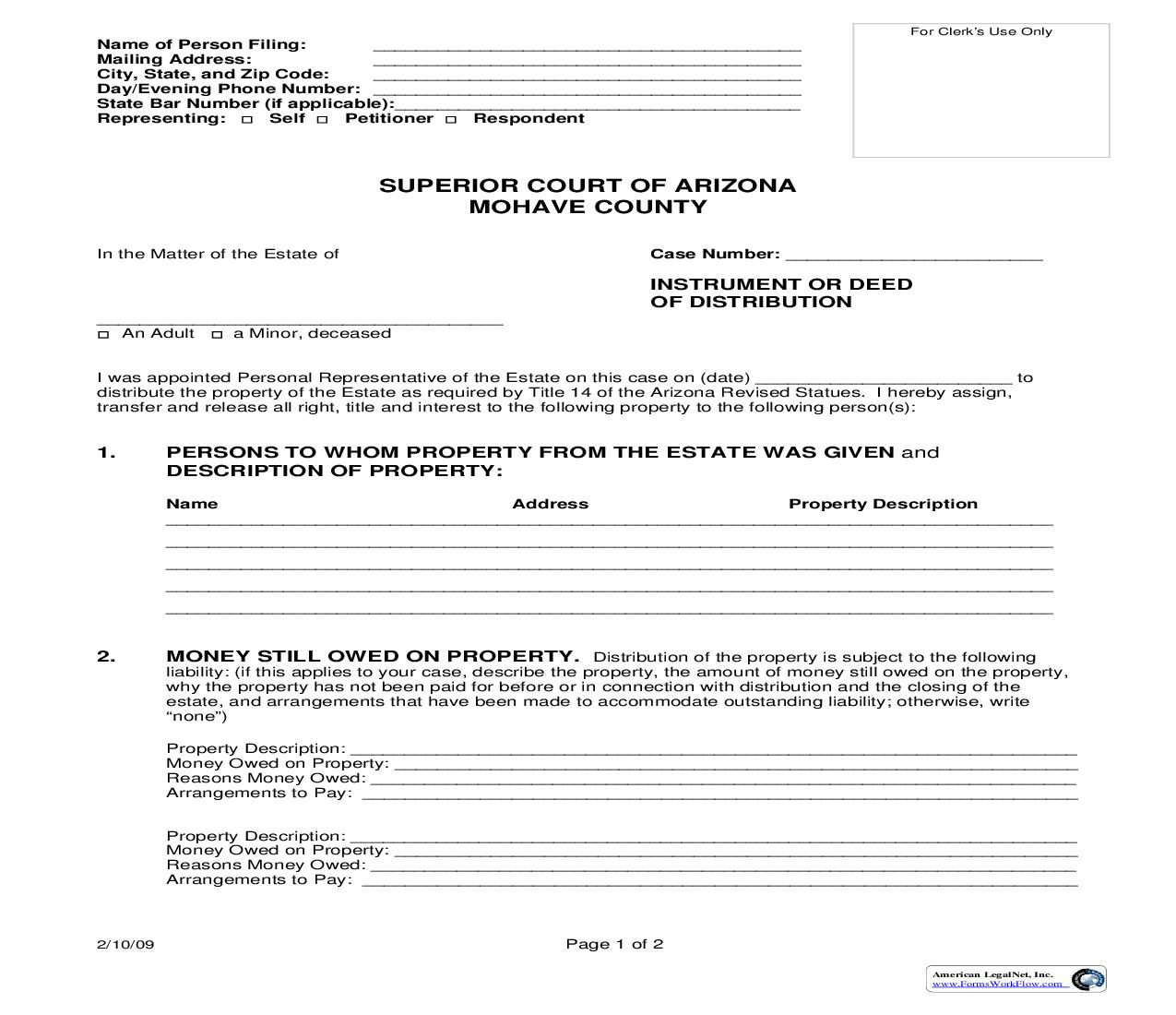 Instrument Or Deed Of Distribution | Pdf Fpdf Doc Docx | Arizona