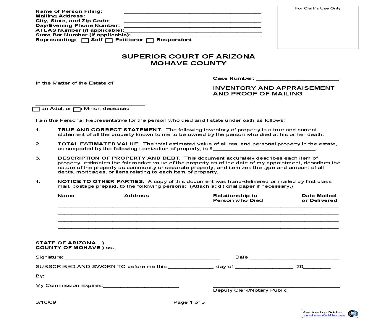 Inventory And Appraisement And Proof Of Mailing | Pdf Fpdf Doc Docx | Arizona