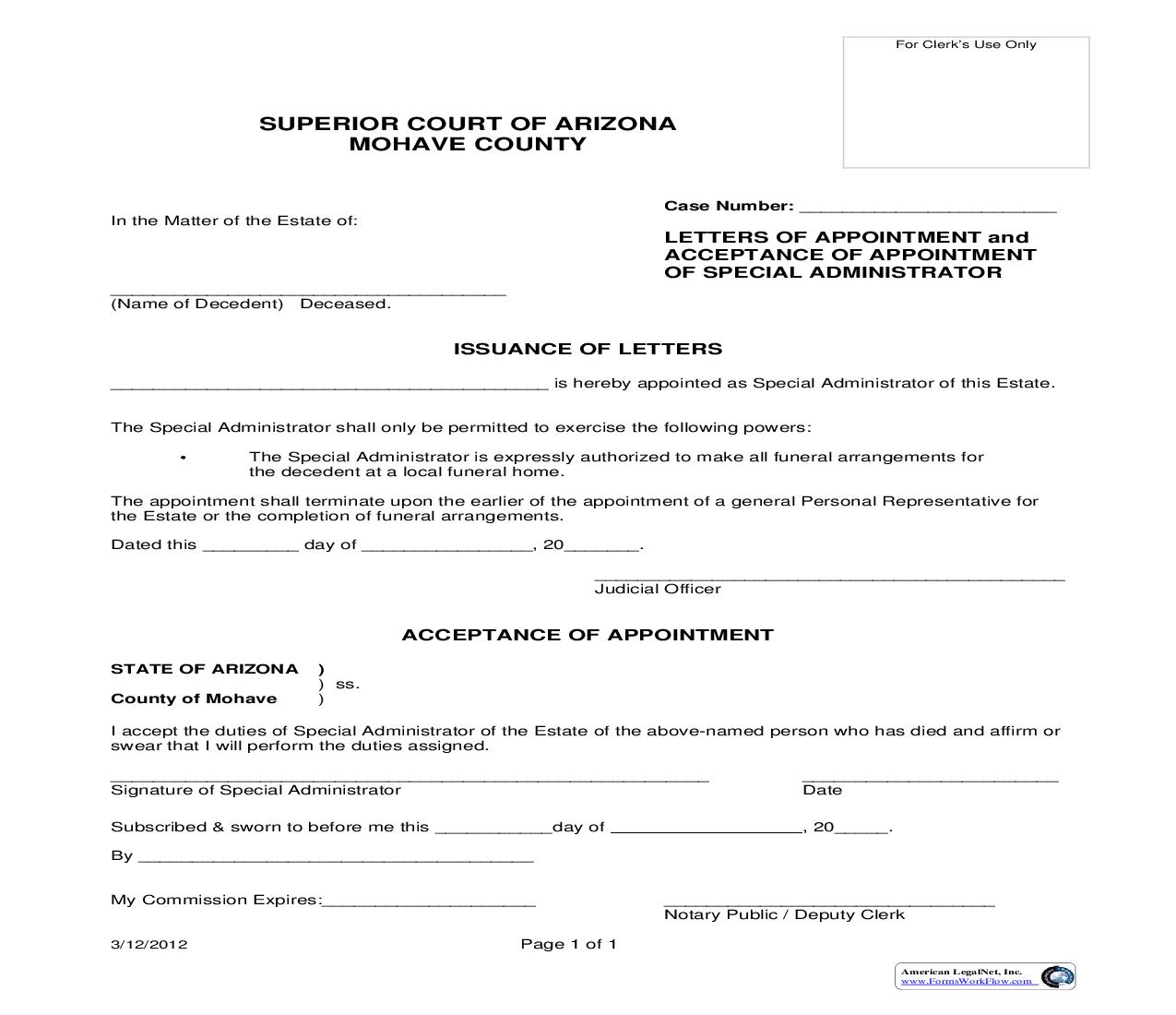 Letter Of Appointment And Acceptance Of Appointment Of Special Administrator | Pdf Fpdf Doc Docx | Arizona