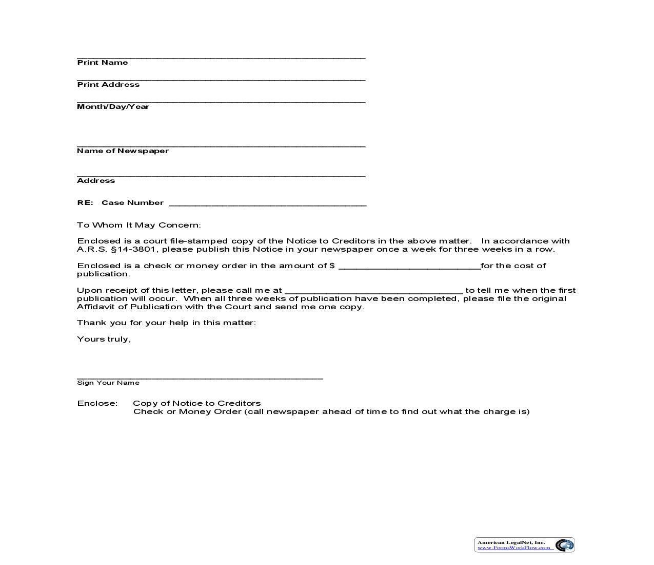 Letter To Publisher About Creditors | Pdf Fpdf Doc Docx | Arizona