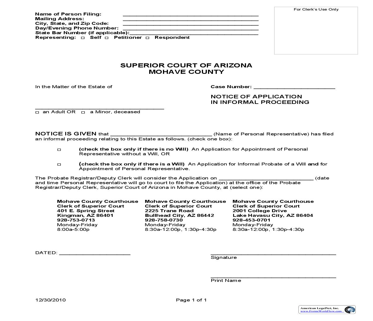 Notice Of Application In Informal Proceeding | Pdf Fpdf Doc Docx | Arizona