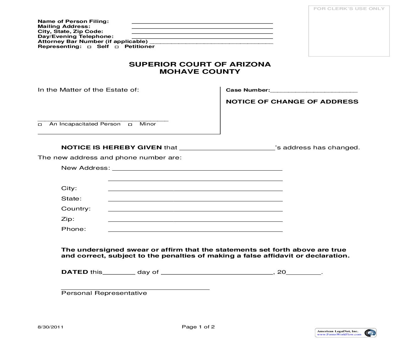 Notice Of Change Of Address (Personal Representative) | Pdf Fpdf Doc Docx | Arizona