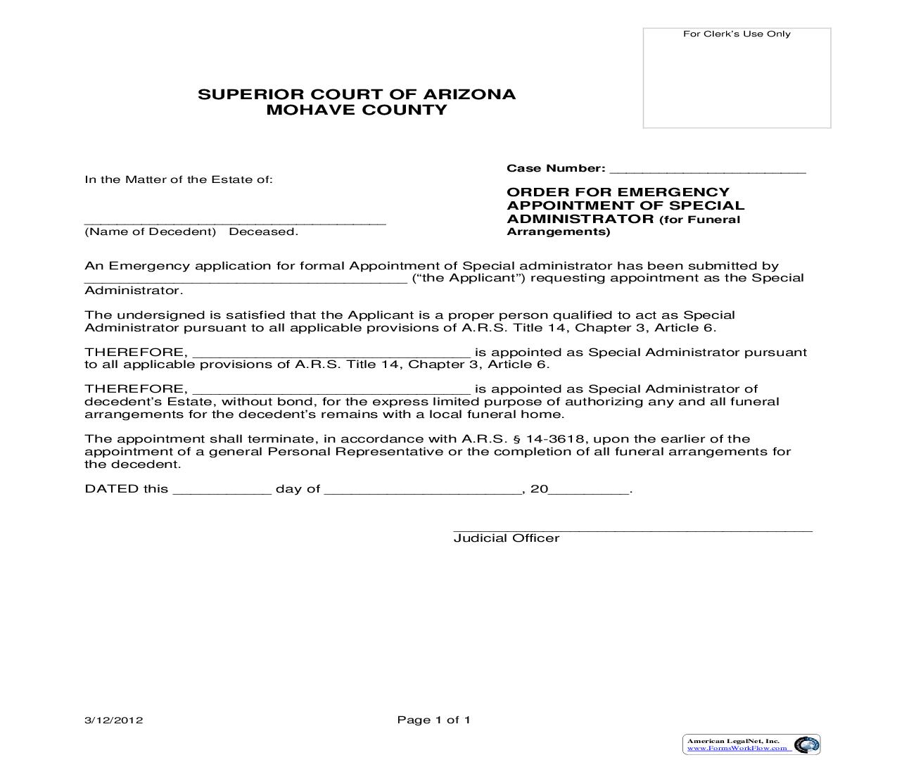 Order For Emergency Appointment Of Special Administrator | Pdf Fpdf Doc Docx | Arizona