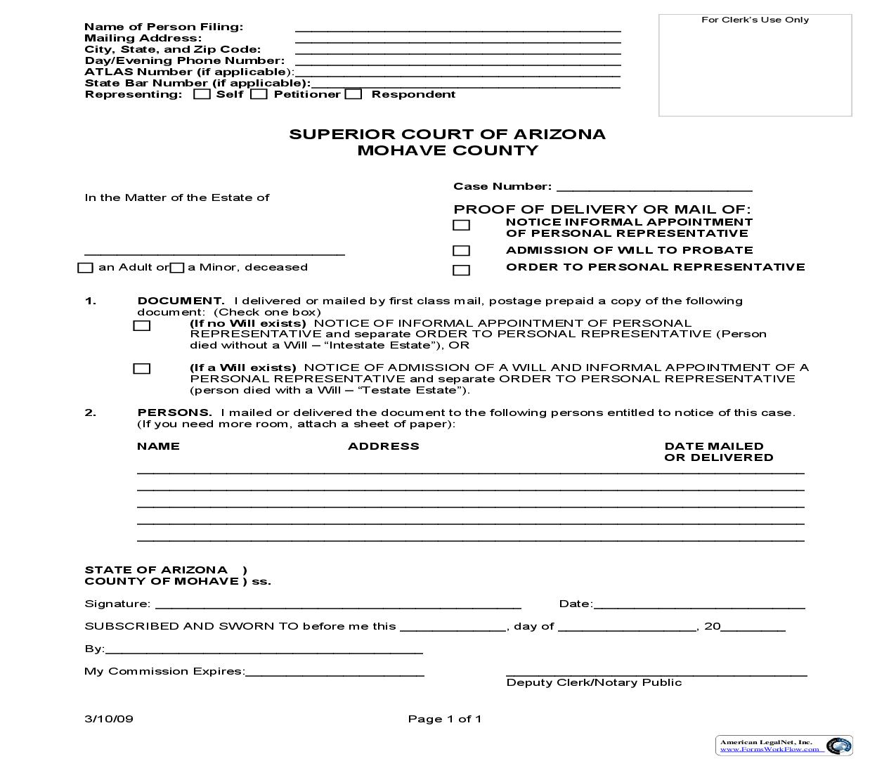 Proof Of Delivery Or Mail Of Notice Of Informal Appointment Of Personal Representative Admission Of Will To Probate Order To Personal Representative | Pdf Fpdf Doc Docx | Arizona