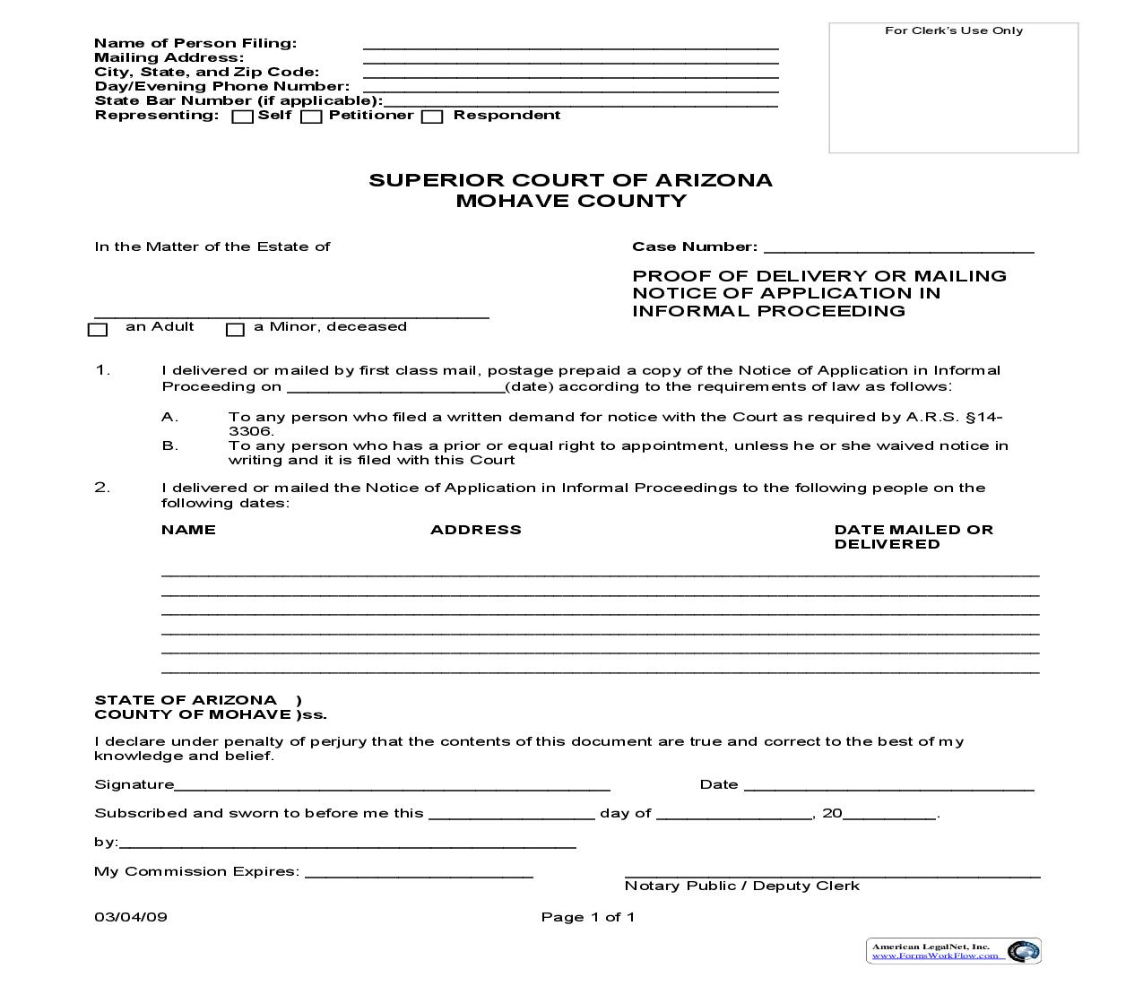 Proof Of Delivery Or Mailing Notice Of Application In Informal Proceeding | Pdf Fpdf Doc Docx | Arizona