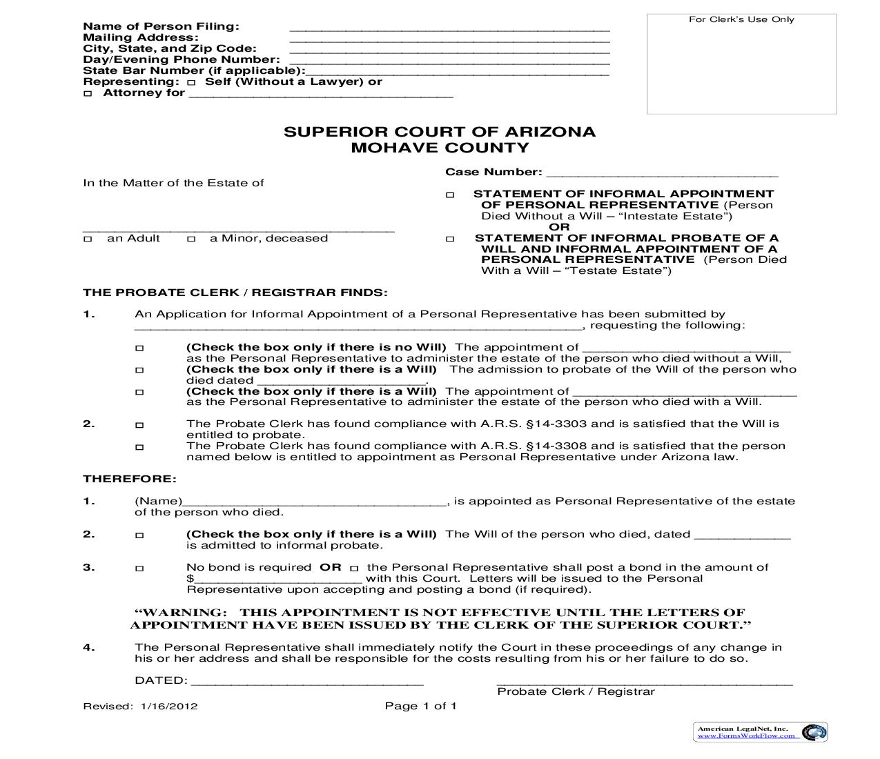 Statement Of Informal Appointment Of Personal Representative Or Statement Of Informal Probate Of A Will | Pdf Fpdf Doc Docx | Arizona