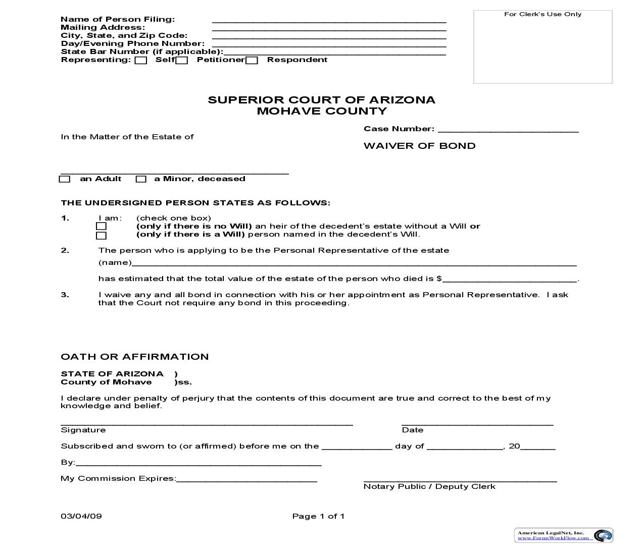 Waiver Of Bond | Pdf Fpdf Doc Docx | Arizona