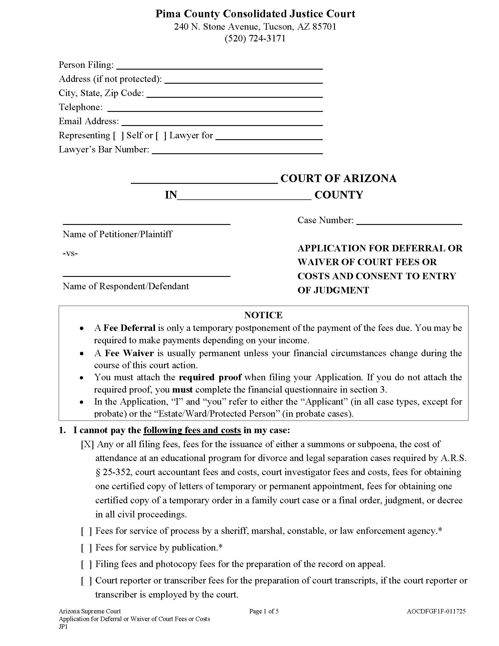 Application For Deferral Of Waiver Of Fees | Pdf Fpdf Docx | Arizona
